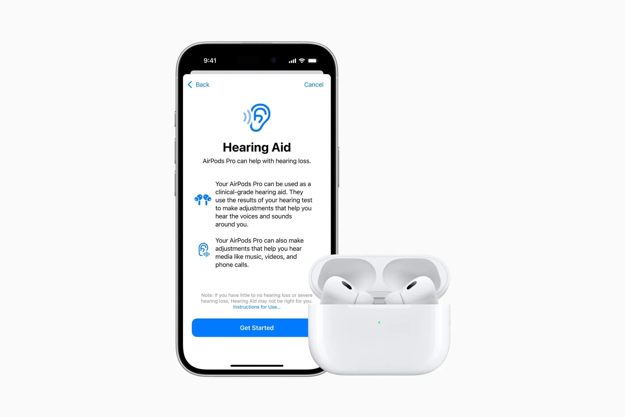 Màn hình iPhone hiển thị tính năng hỗ trợ thính giác của AirPods Pro 2, cùng với tai nghe.