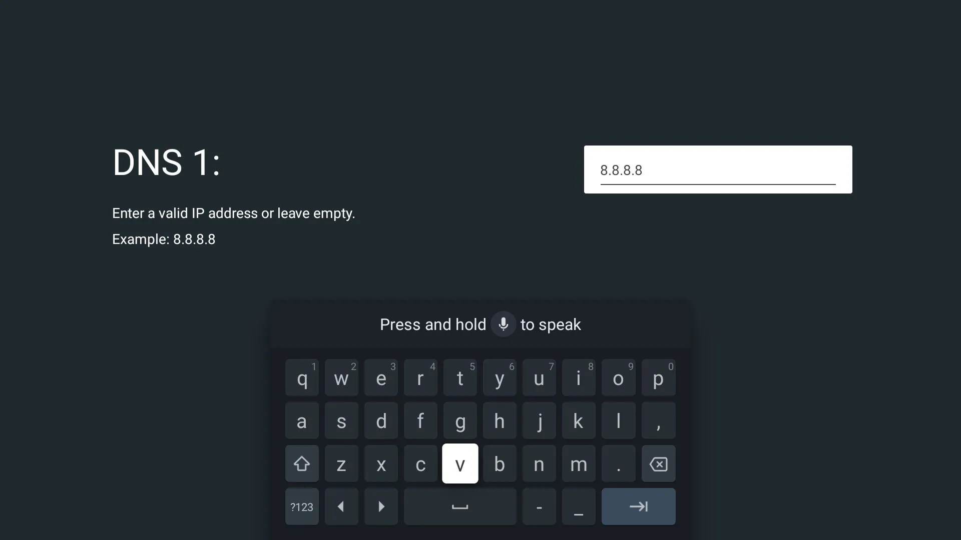 Màn hình nhập địa chỉ DNS tùy chỉnh (DNS 1 và DNS 2) trong cài đặt mạng của Google TV.