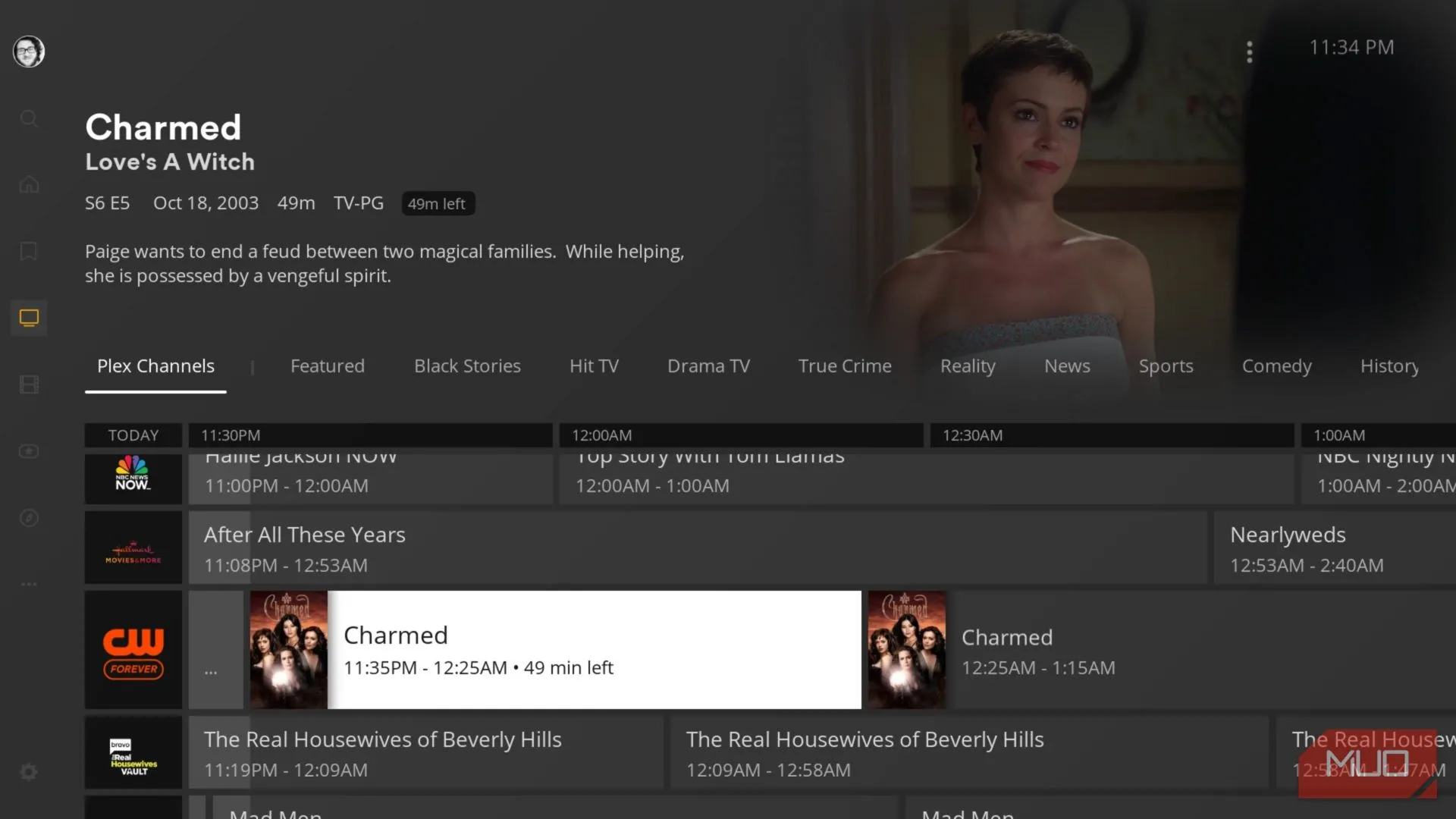 Màn hình Plex hiển thị chương trình truyền hình &quot;Charmed&quot; từ tính năng TV trực tiếp tích hợp, minh họa khả năng xem nội dung đa dạng trên Plex.