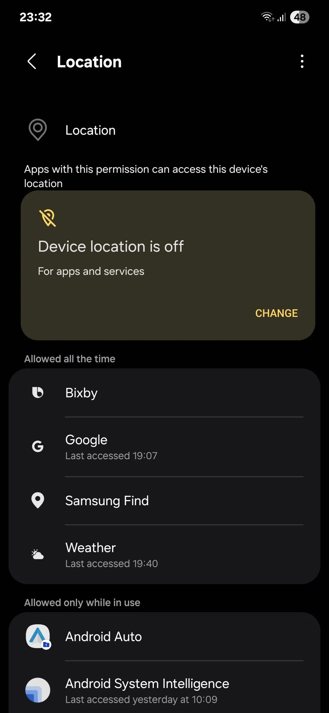 Màn hình quản lý quyền truy cập vị trí của ứng dụng trên Android