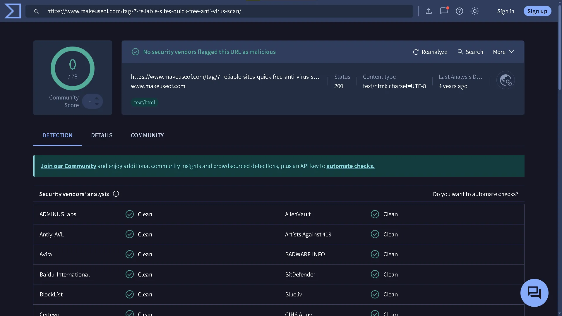 Màn hình quét URL tìm virus bằng website VirusTotal, hiển thị kết quả phân tích độ an toàn của đường dẫn.