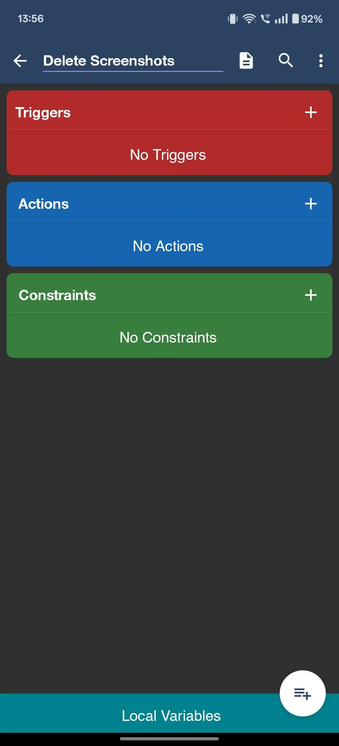 Màn hình tạo MacroDroid mới với các tab Triggers, Actions và Constraints.