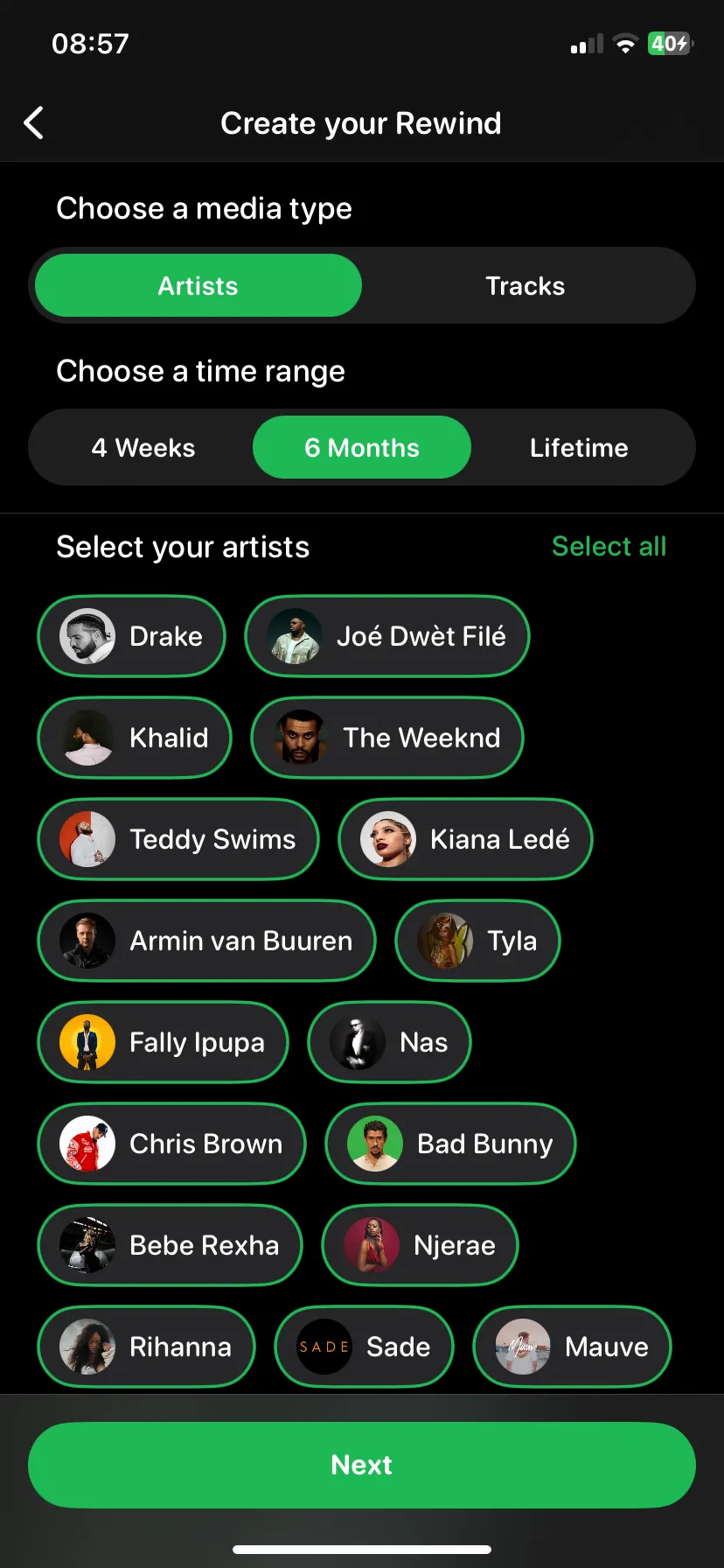 Màn hình tạo playlist Rewind trên PlaylistAI, cho phép người dùng chọn khoảng thời gian để gợi nhớ lại các bài hát yêu thích cũ.