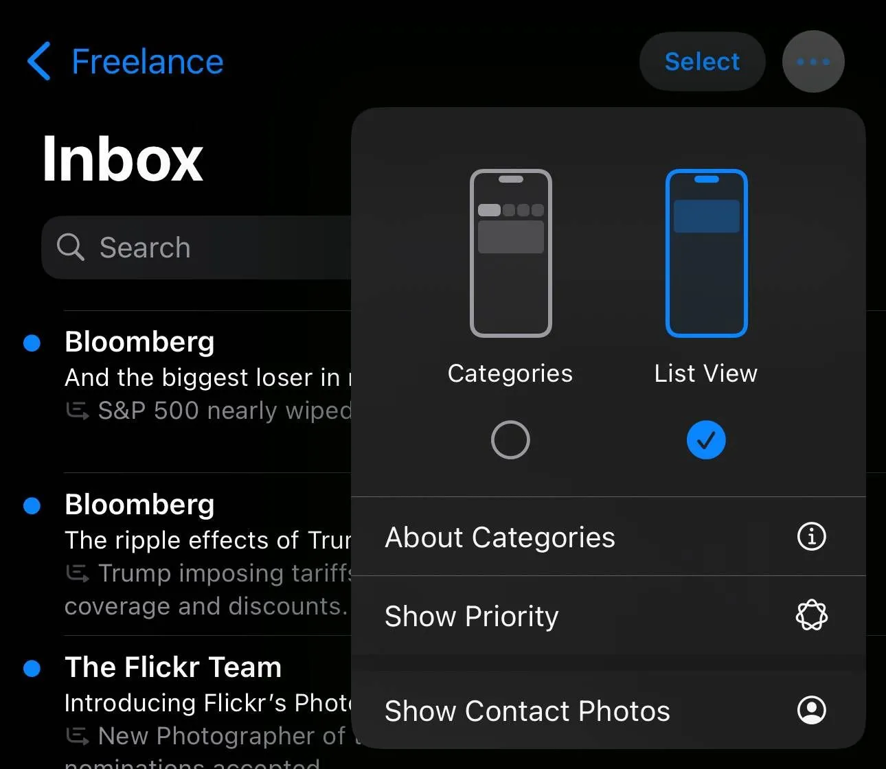 Màn hình tùy chọn của ứng dụng Mail trên iOS 18.5 beta 1, hiển thị các lựa chọn 'Hiển thị ảnh liên hệ' và 'Ưu tiên'