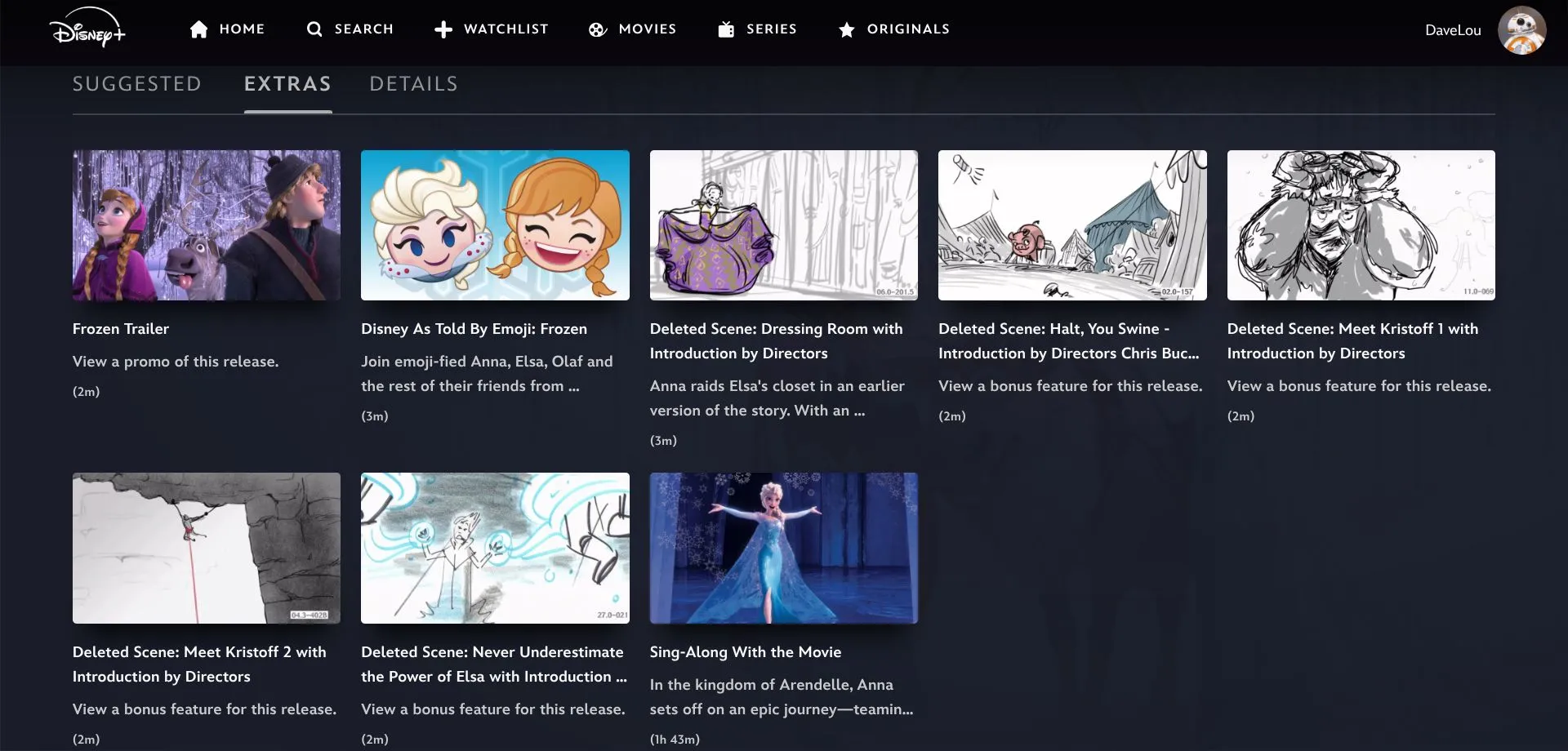 Màn hình ứng dụng Disney+ hiển thị phần &quot;Extras&quot; cho bộ phim Frozen, bao gồm các phiên bản hát theo và hậu trường