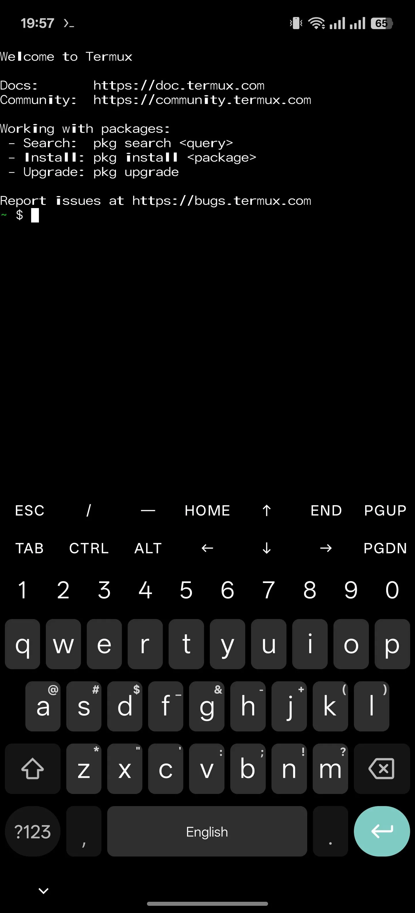 Màn hình ứng dụng Termux trên điện thoại Android, hiển thị giao diện dòng lệnh Linux.