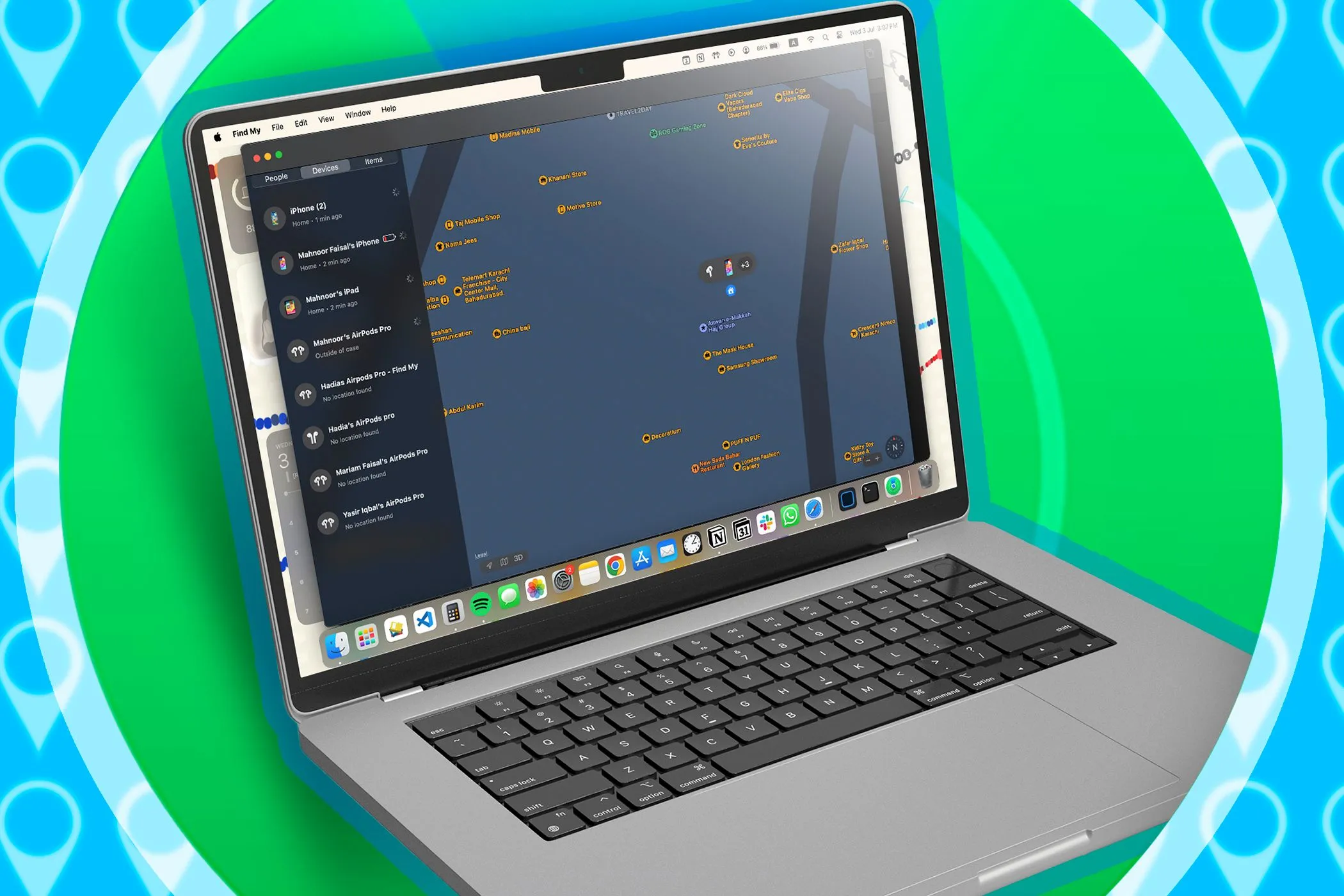 Màn hình ứng dụng Tìm (Find My) trên MacBook hiển thị vị trí các thiết bị Apple, hỗ trợ tìm kiếm điện thoại bị mất.