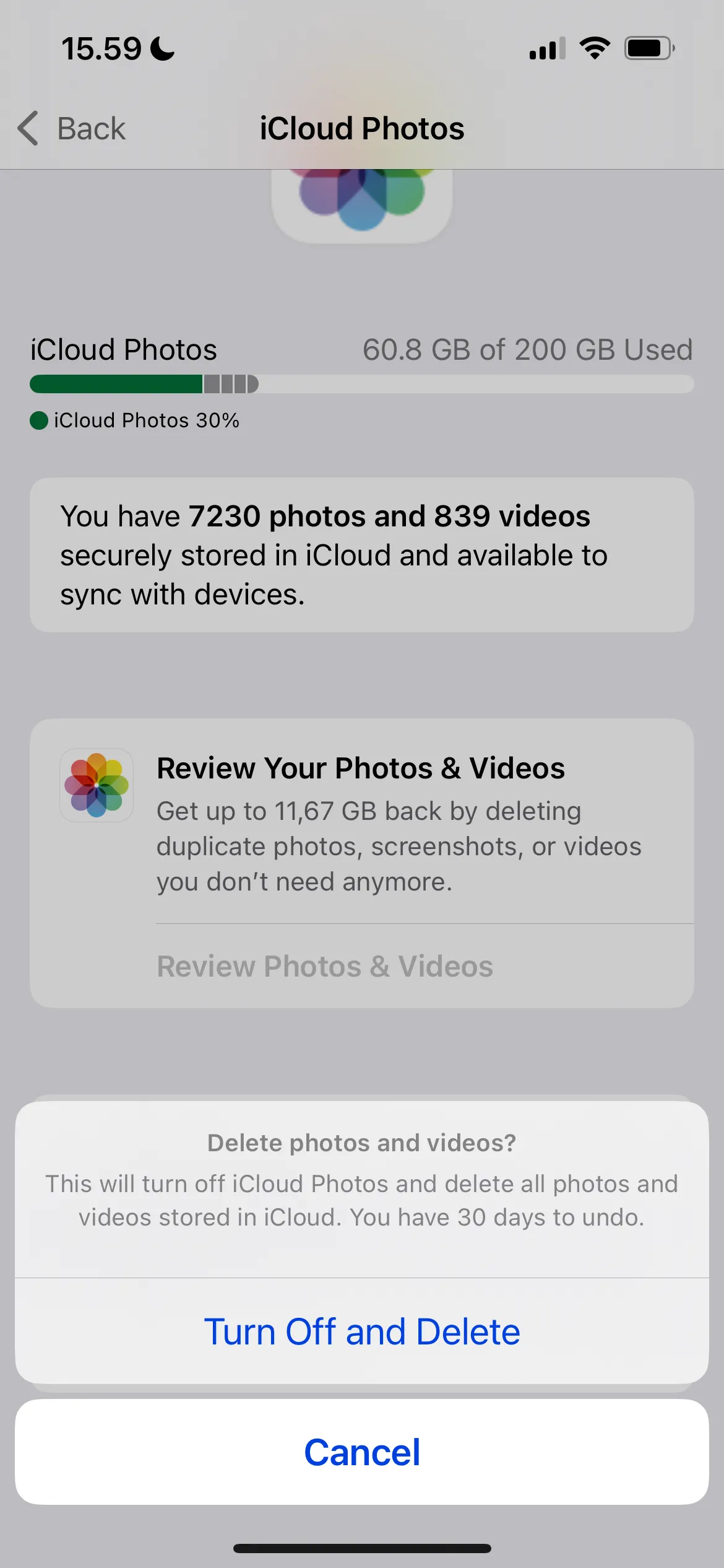 Màn hình xác nhận tắt và xóa đồng bộ ảnh iCloud, giúp giải phóng bộ nhớ iPhone.