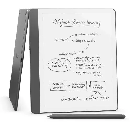 Máy đọc sách Amazon Kindle Scribe 2024 hiển thị trên bàn, minh họa thiết kế và kích thước màn hình lớn.