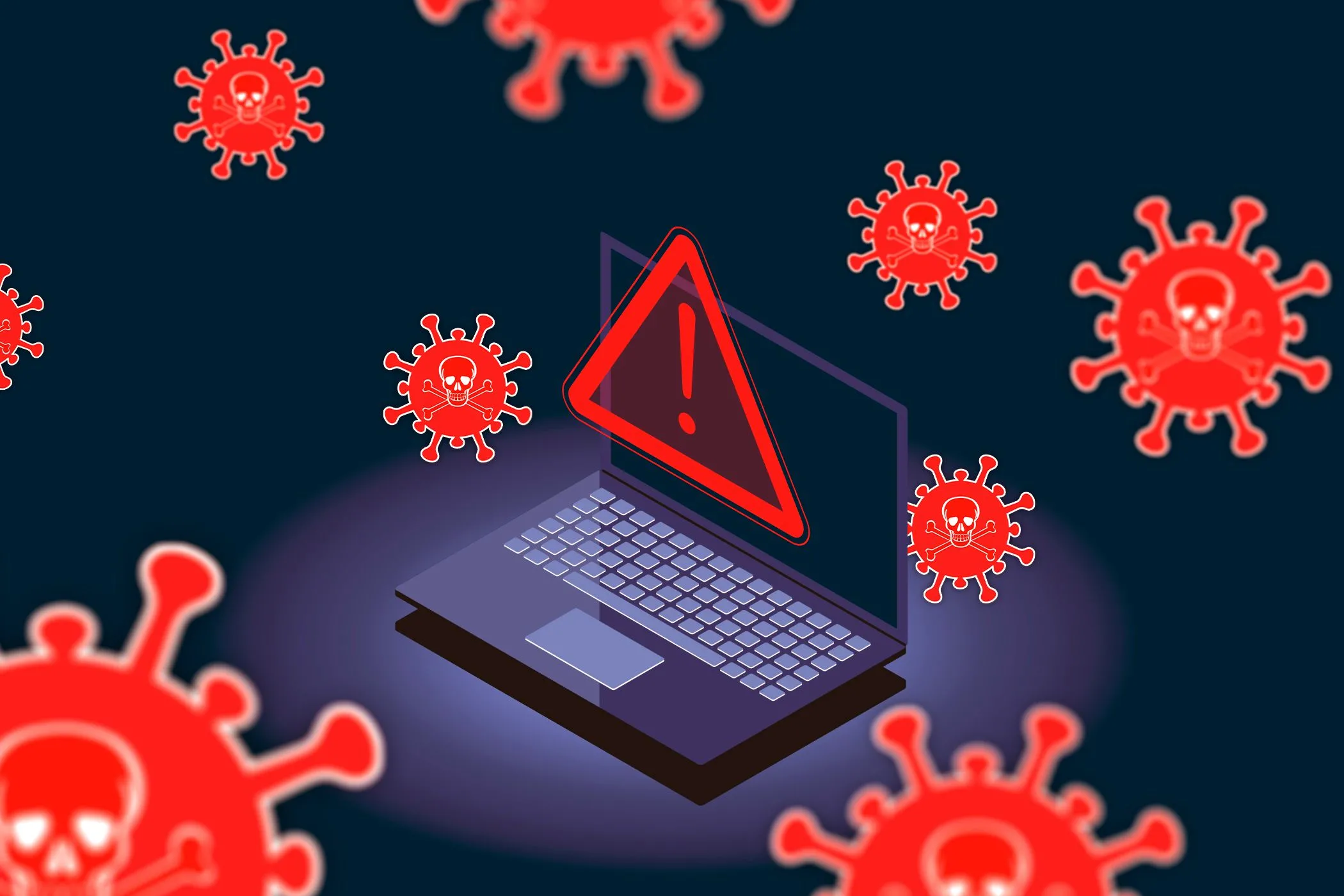 Máy tính xách tay với biểu tượng cảnh báo và các virus xung quanh