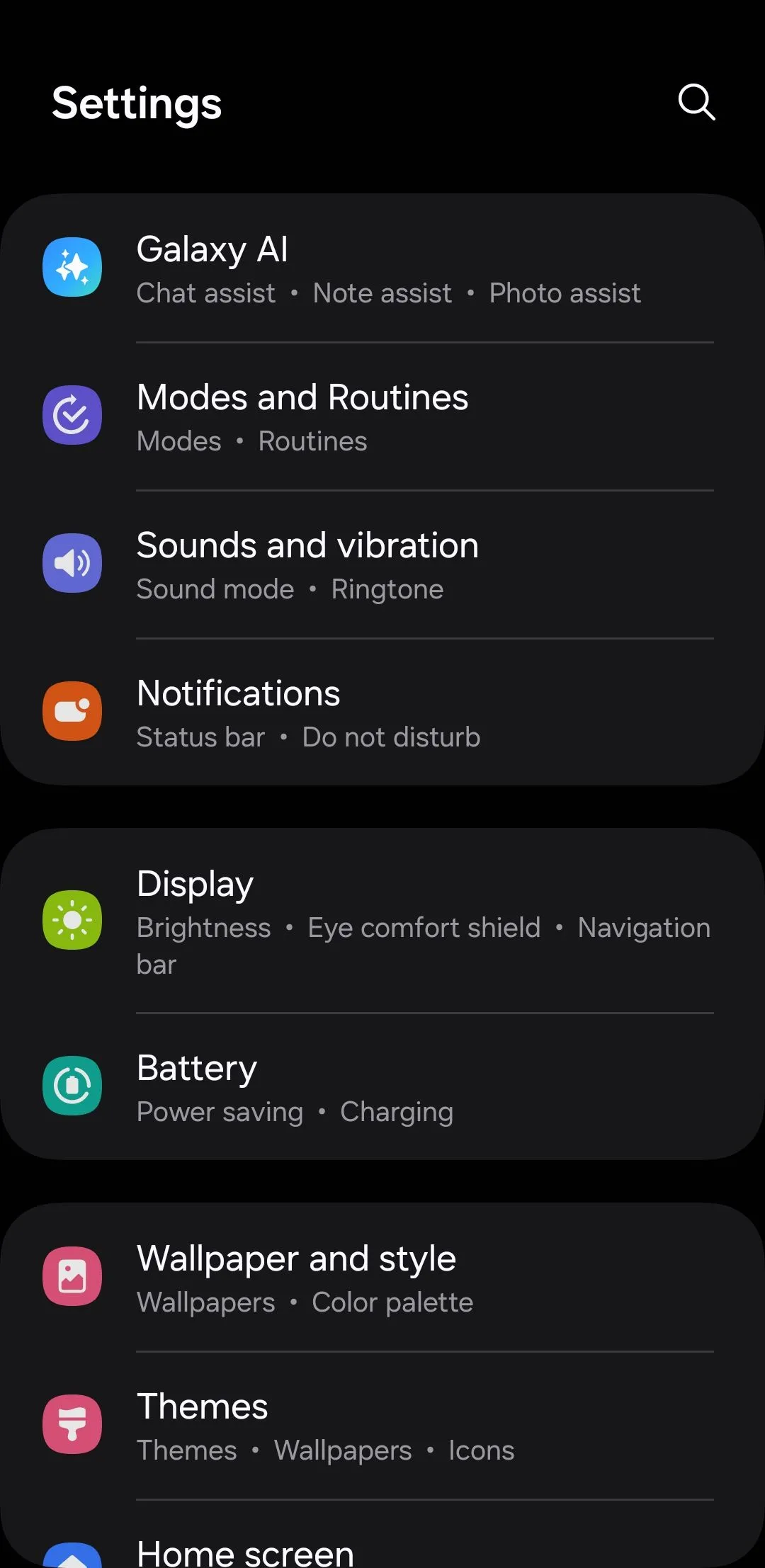 Menu cài đặt âm thanh và rung trên điện thoại Samsung