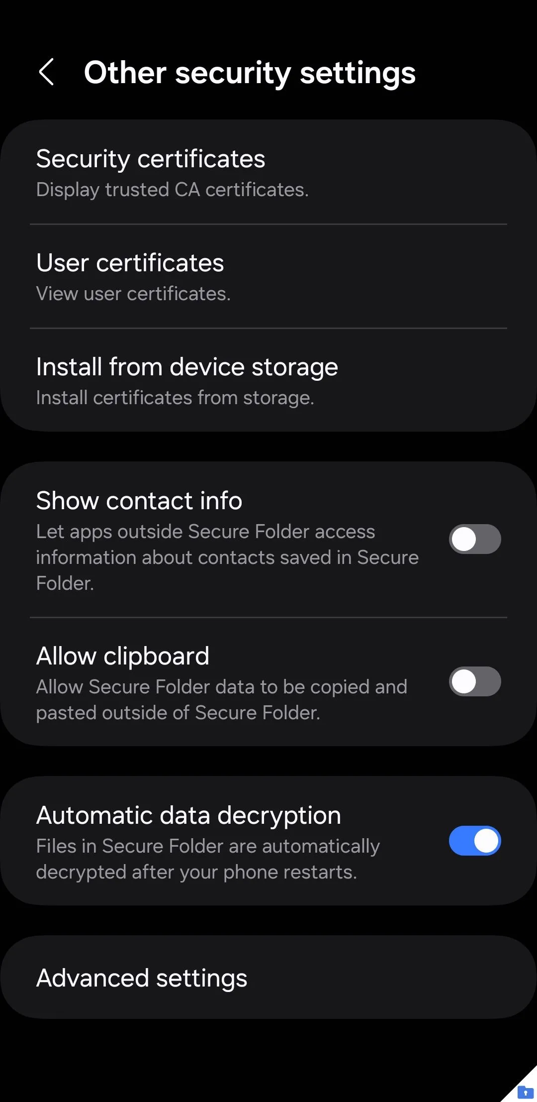 Menu cài đặt bảo mật của Thư mục Bảo mật trên điện thoại Samsung