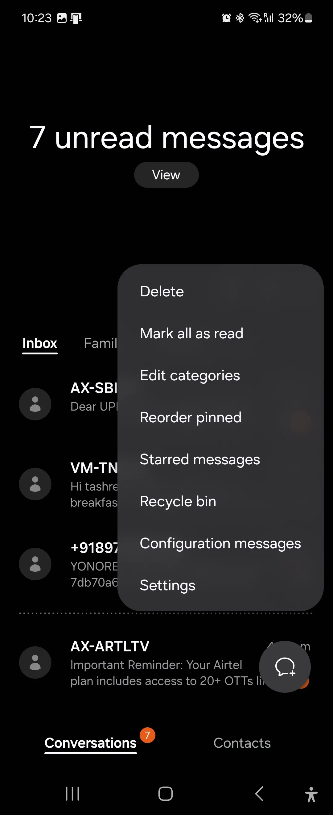 Menu cài đặt bổ sung trong ứng dụng Tin nhắn Samsung, cho phép tùy chỉnh sâu các tính năng.