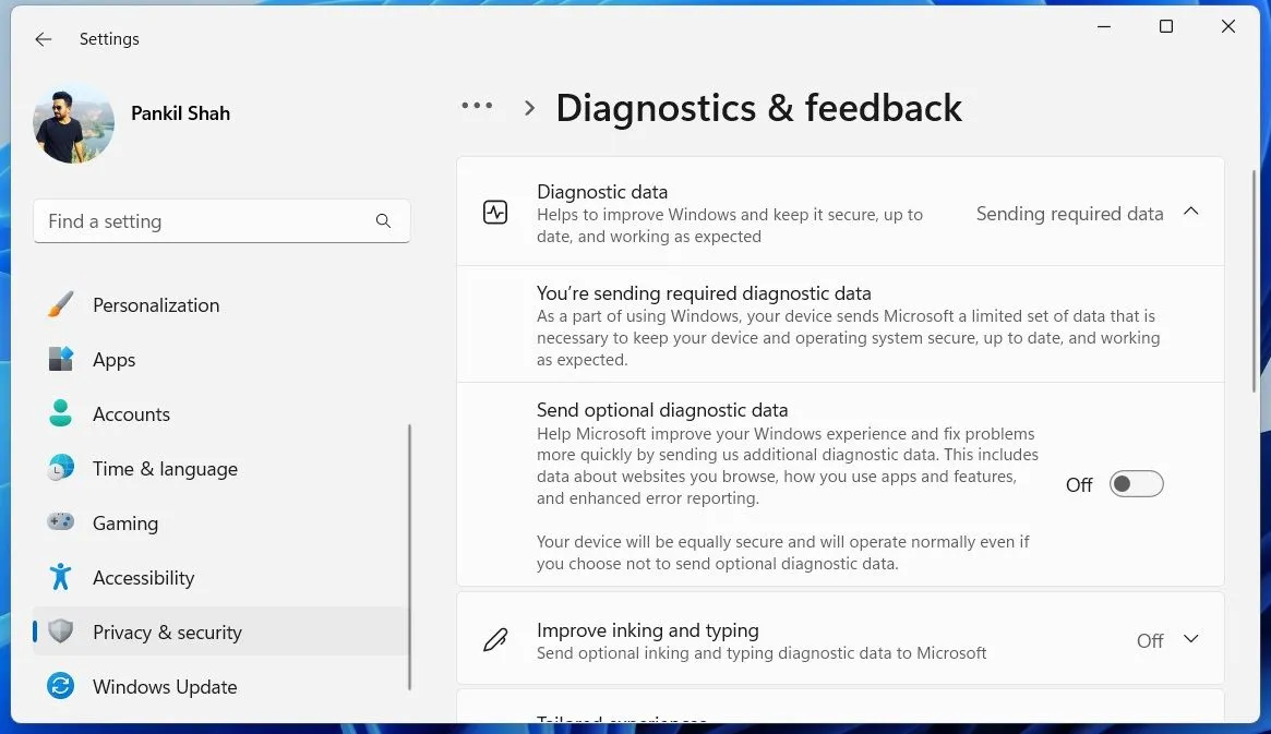 Menu cài đặt chẩn đoán (Diagnostics) trong ứng dụng Cài đặt (Settings) của Windows 11, cho phép người dùng kiểm soát việc thu thập dữ liệu.
