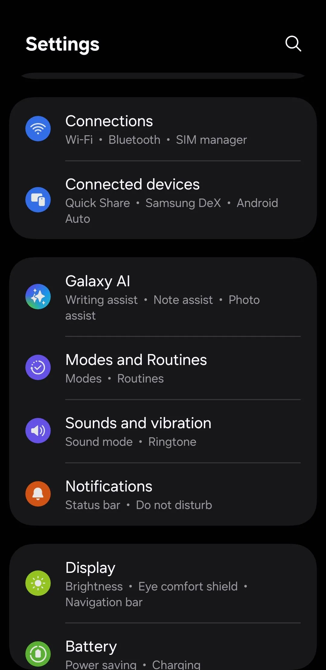 Menu cài đặt chung trên điện thoại Android, biểu tượng cài đặt