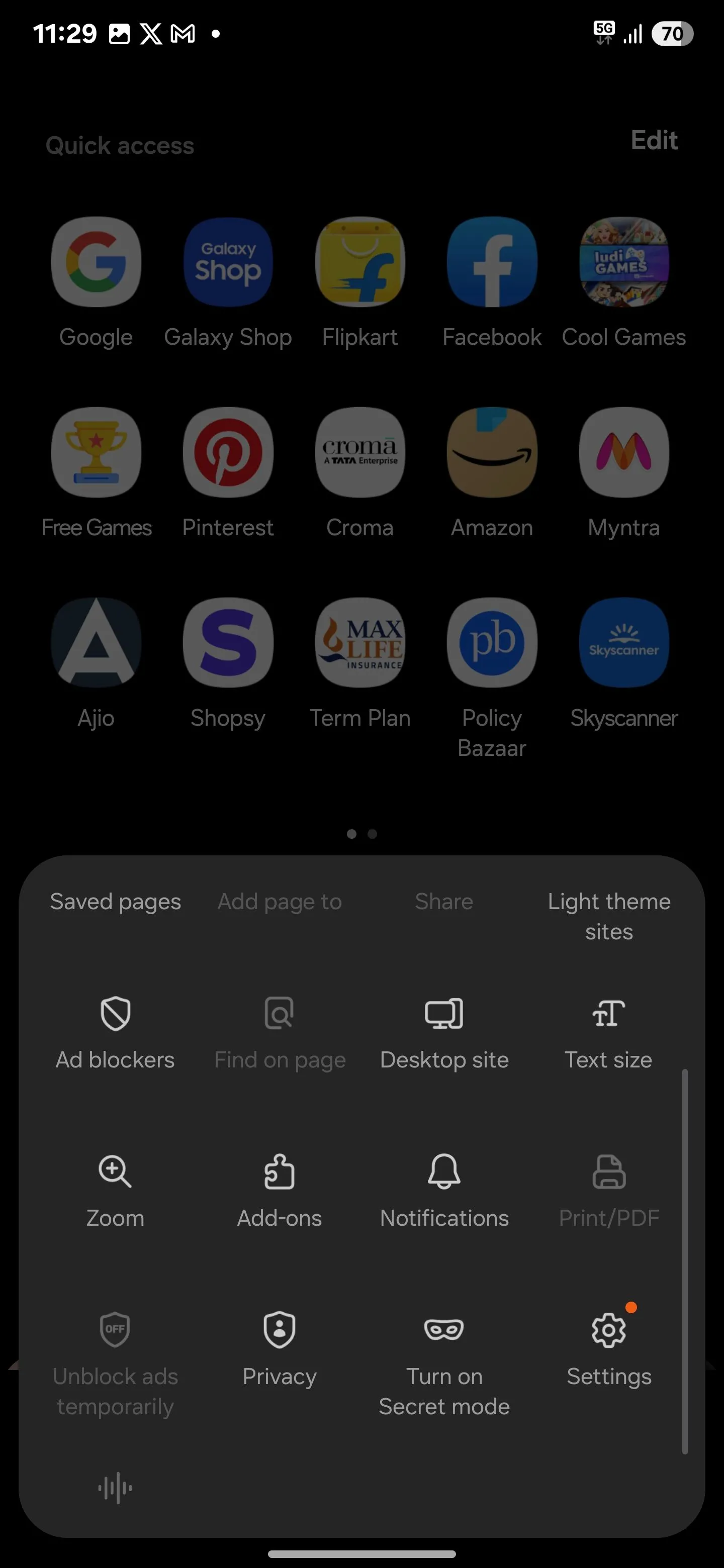 Menu cài đặt của ứng dụng Samsung Internet