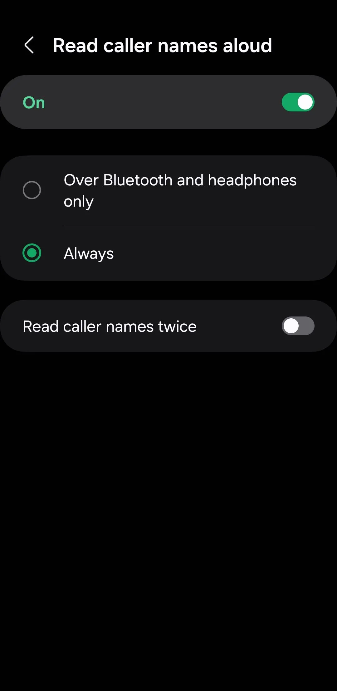 Menu cài đặt đọc tên người gọi đến trên Android, cho phép điện thoại đọc tên người gọi ra loa ngoài.