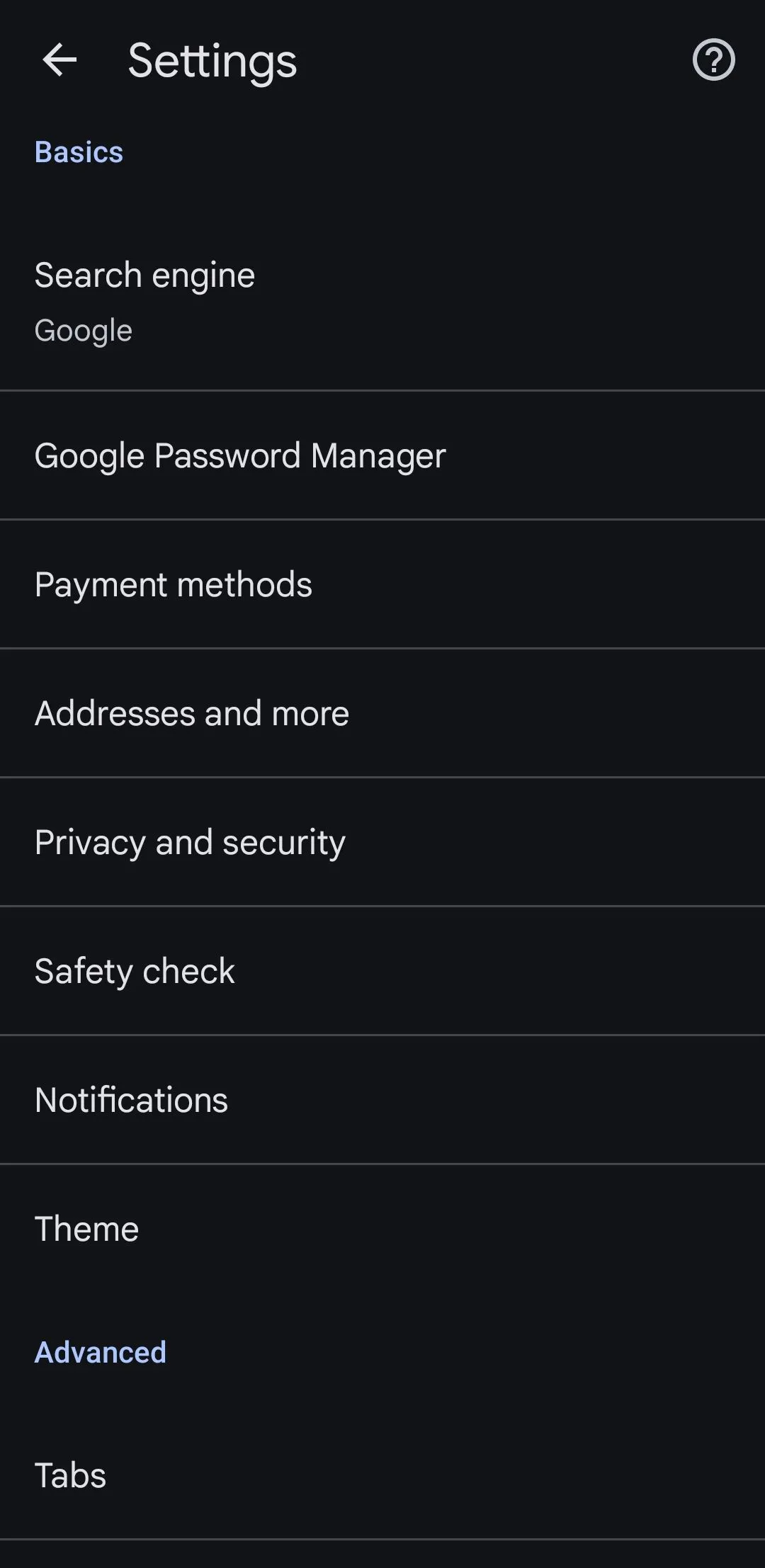 Menu cài đặt Google Chrome trên Android