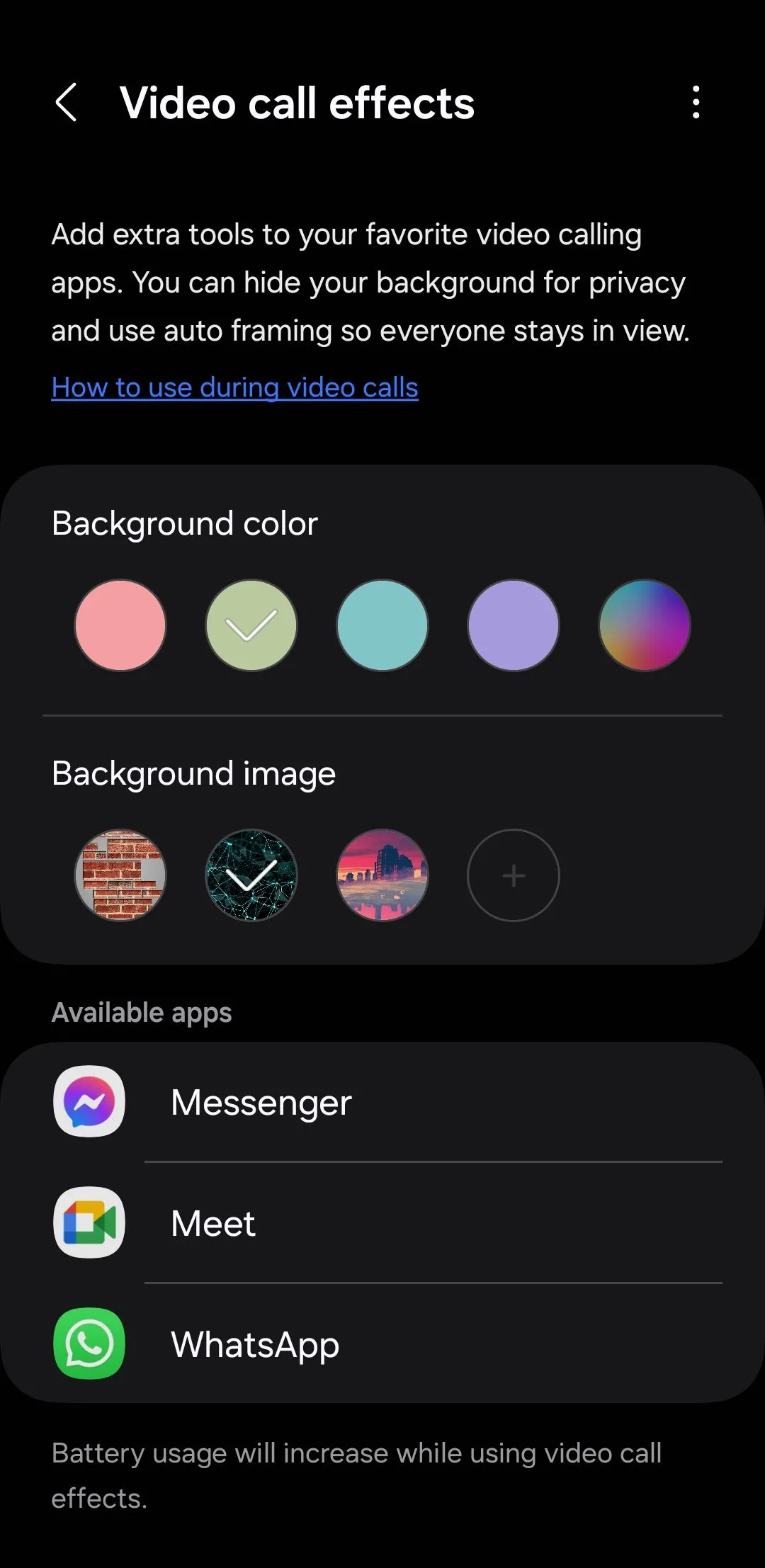 Menu cài đặt Hiệu ứng cuộc gọi video trên điện thoại Samsung Galaxy, cho phép tùy chỉnh hình nền và chế độ lấy nét khi gọi video