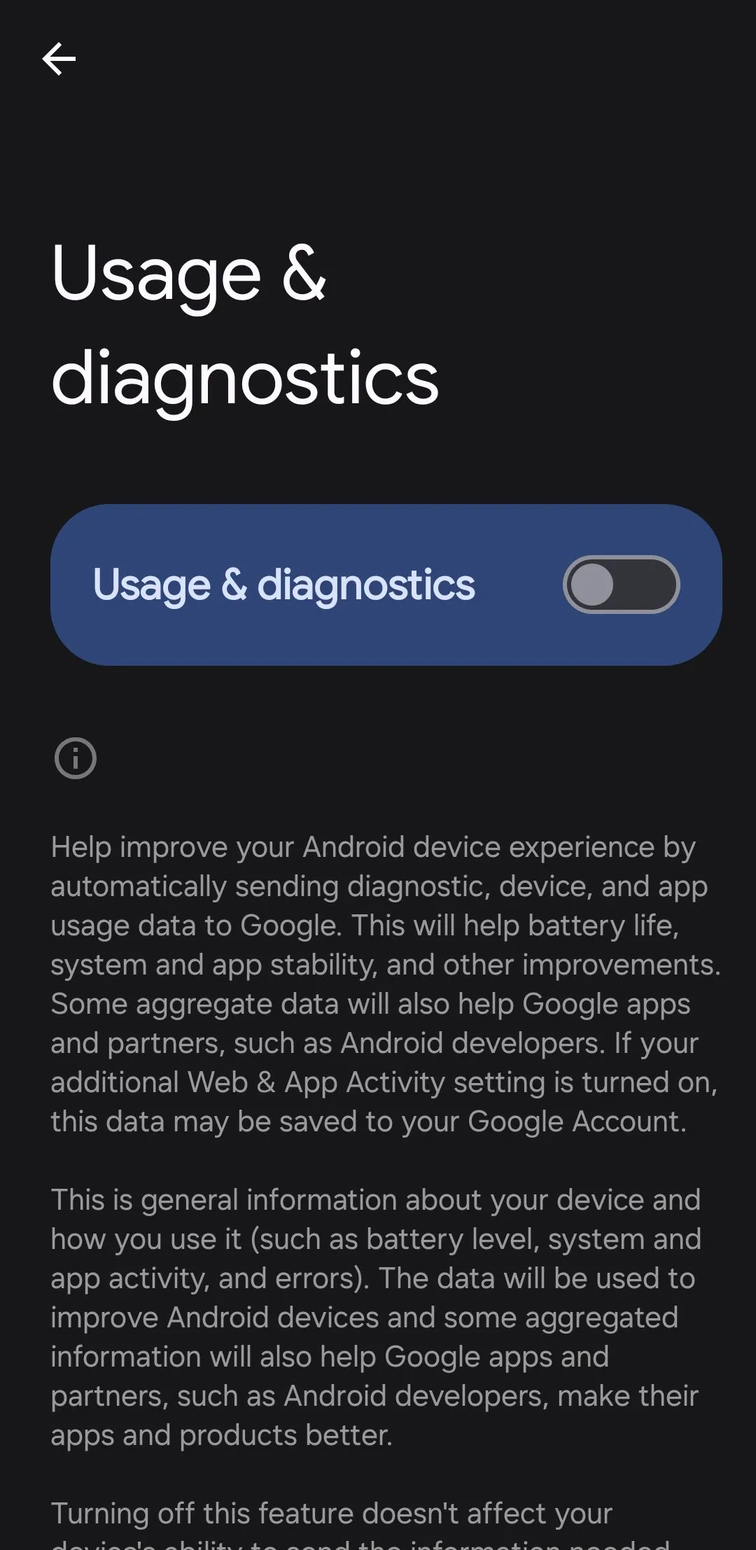 Menu cài đặt sử dụng và chẩn đoán trên điện thoại Android, tùy chọn tắt chia sẻ dữ liệu
