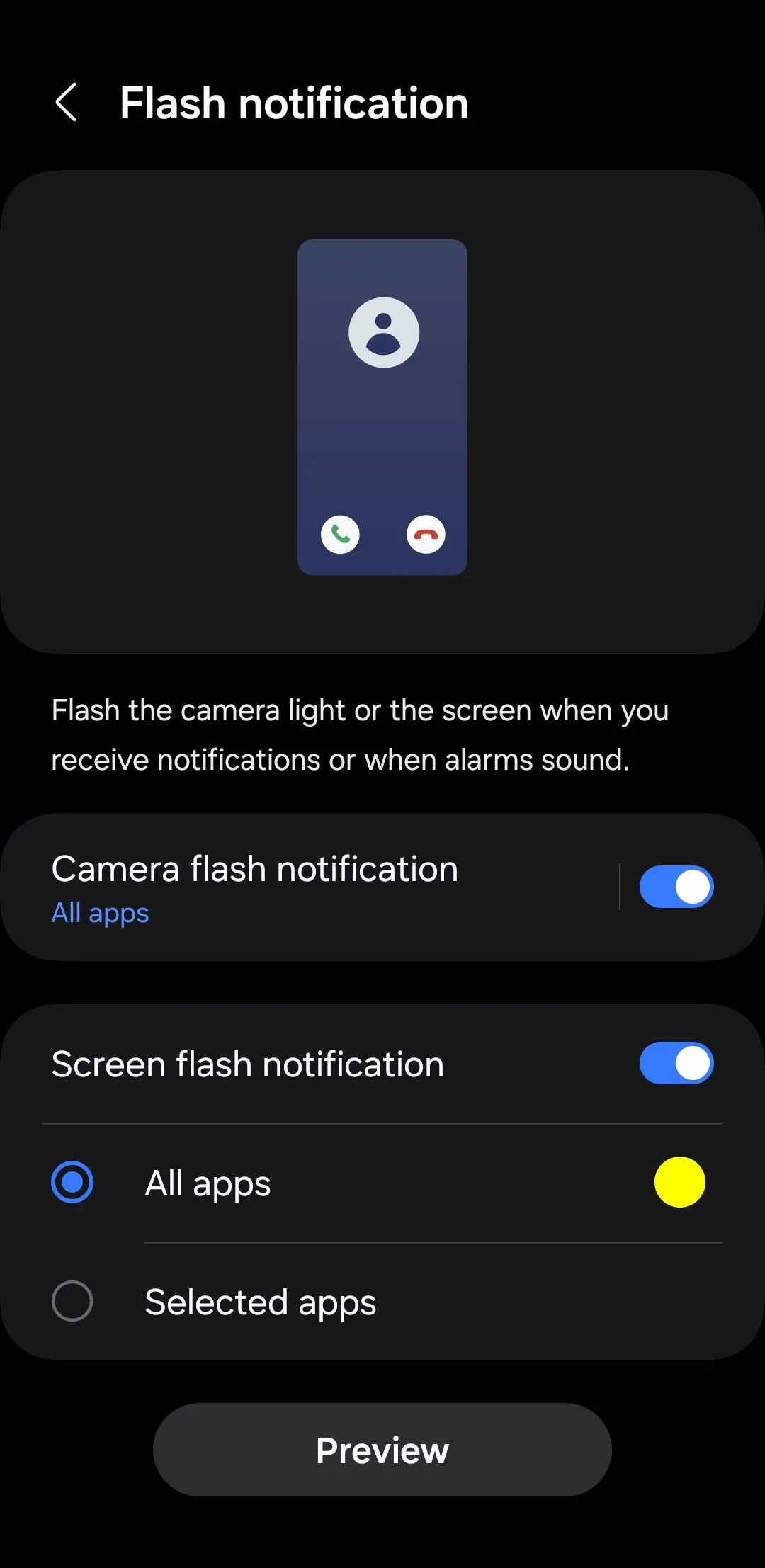 Menu cài đặt thông báo đèn flash trên Android, cho phép người dùng kích hoạt đèn flash camera nhấp nháy khi có thông báo.