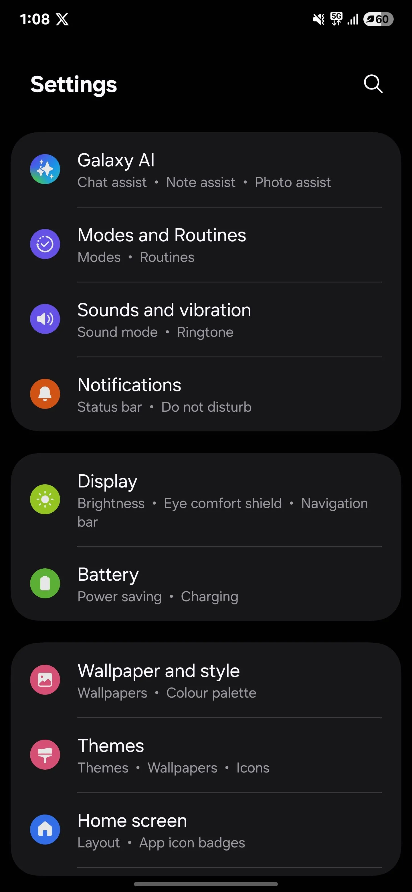 Menu Cài đặt trên điện thoại Samsung S25 Ultra