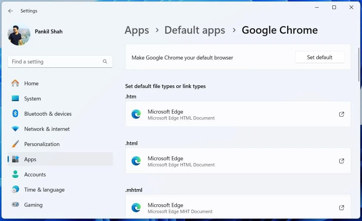 Menu cài đặt ứng dụng mặc định trong ứng dụng Cài đặt (Settings) của Windows 11, hiển thị các tùy chọn để người dùng thay đổi.