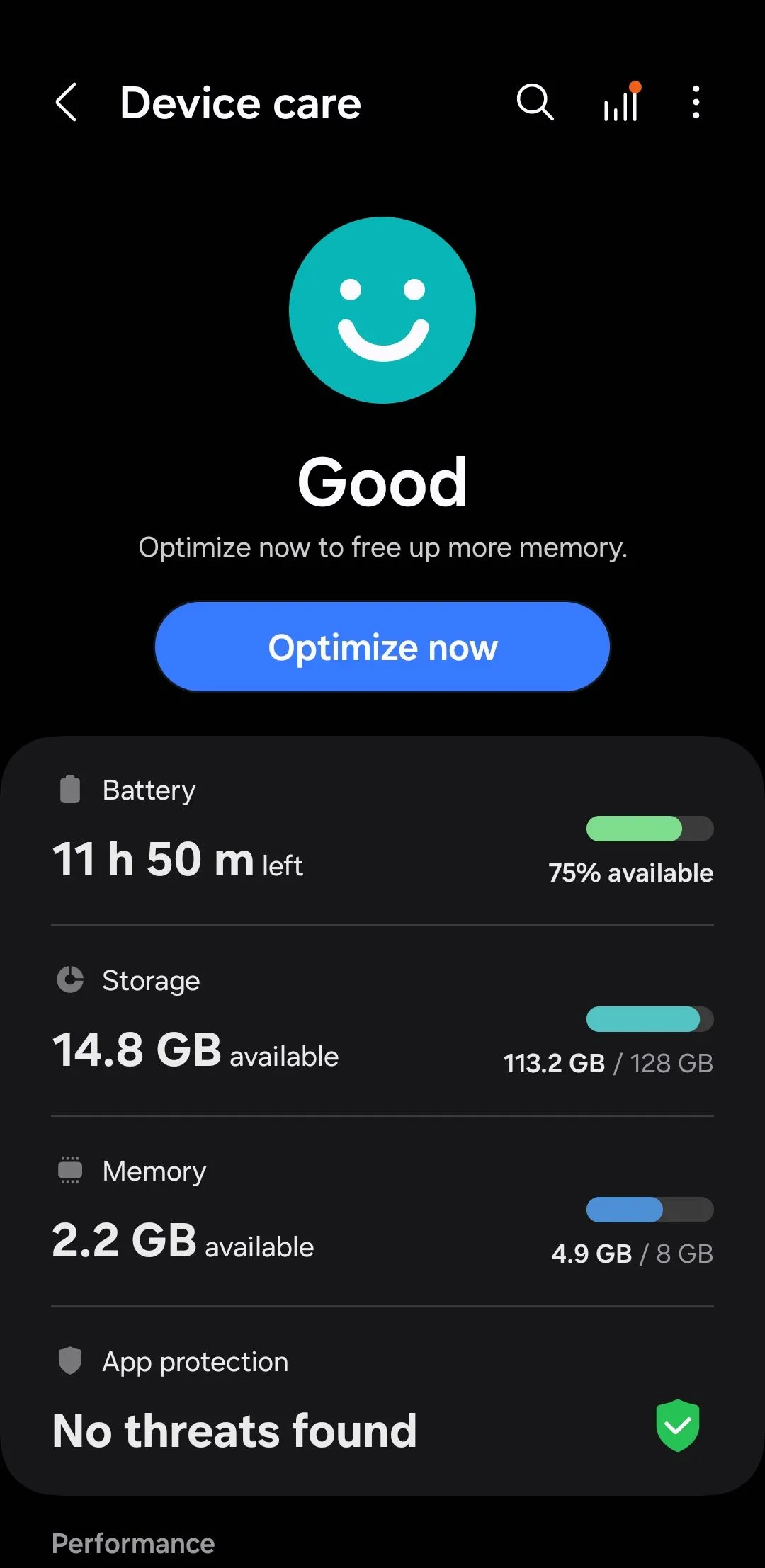 Menu Chăm sóc thiết bị (Device care) trên điện thoại Samsung Galaxy, hiển thị tùy chọn Bộ nhớ (Memory)