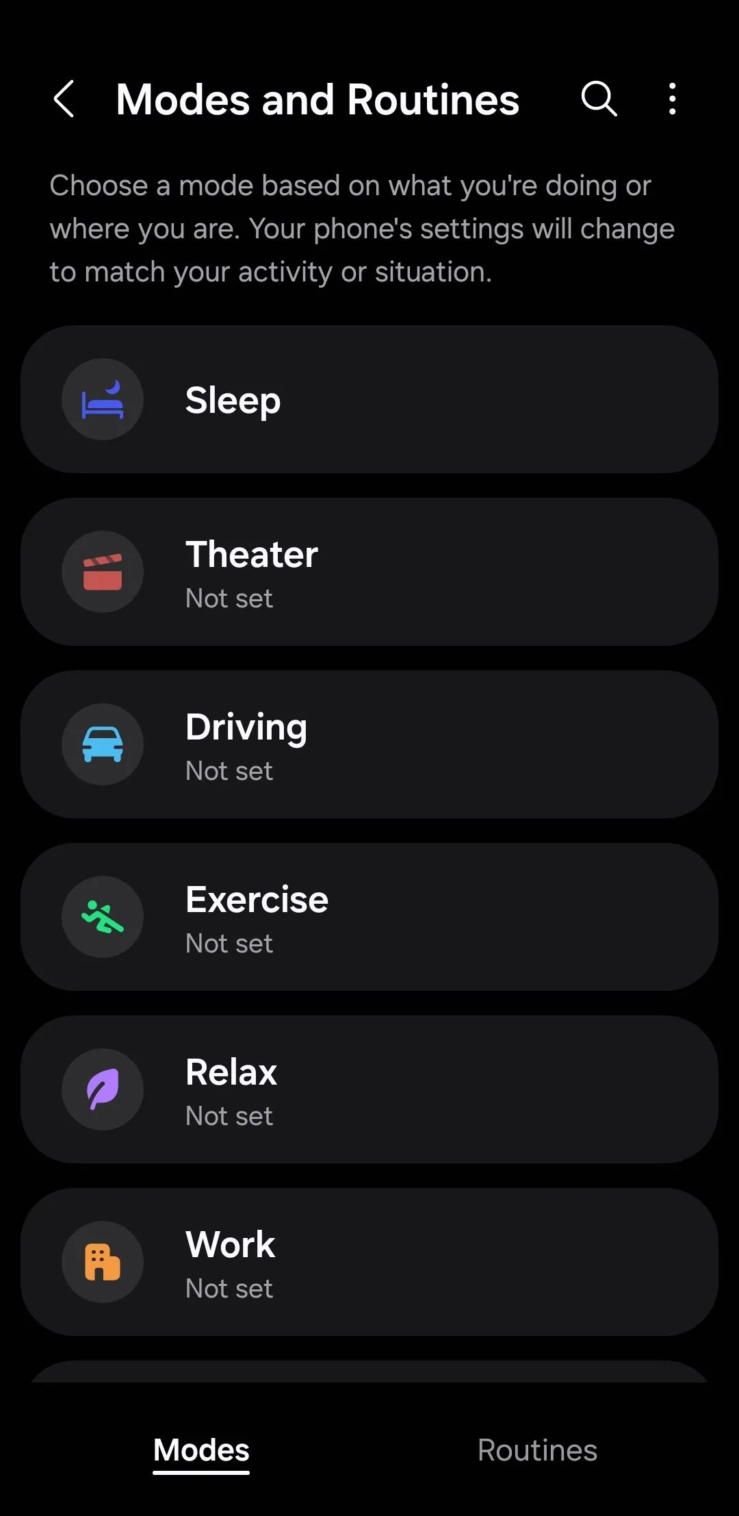 Menu Chế độ (Modes) trong cài đặt điện thoại Samsung Galaxy, hiển thị các tùy chọn tự động hóa cho các tình huống sử dụng khác nhau