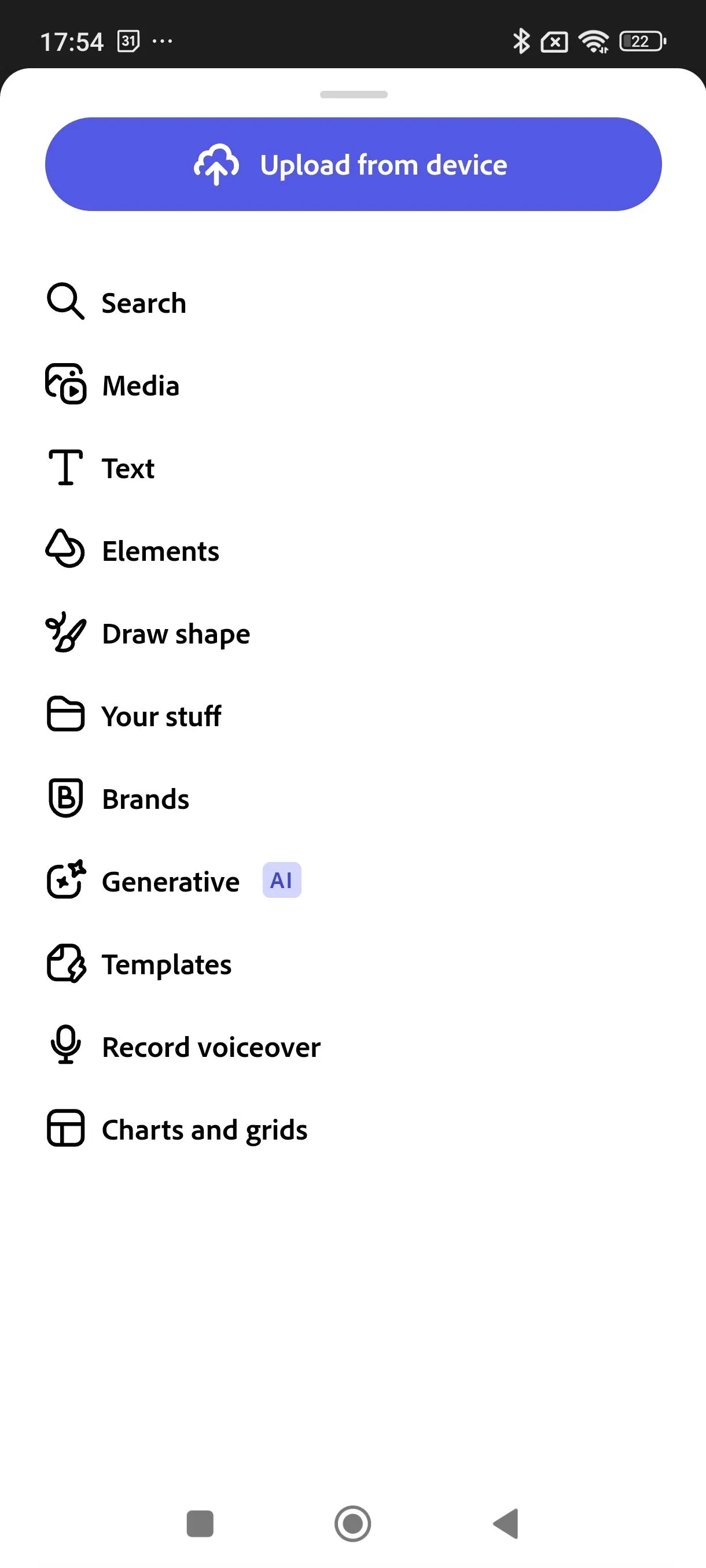 Menu chính của ứng dụng Adobe Express trên di động, cho thấy không có bất kỳ tùy chọn Add-Ons nào