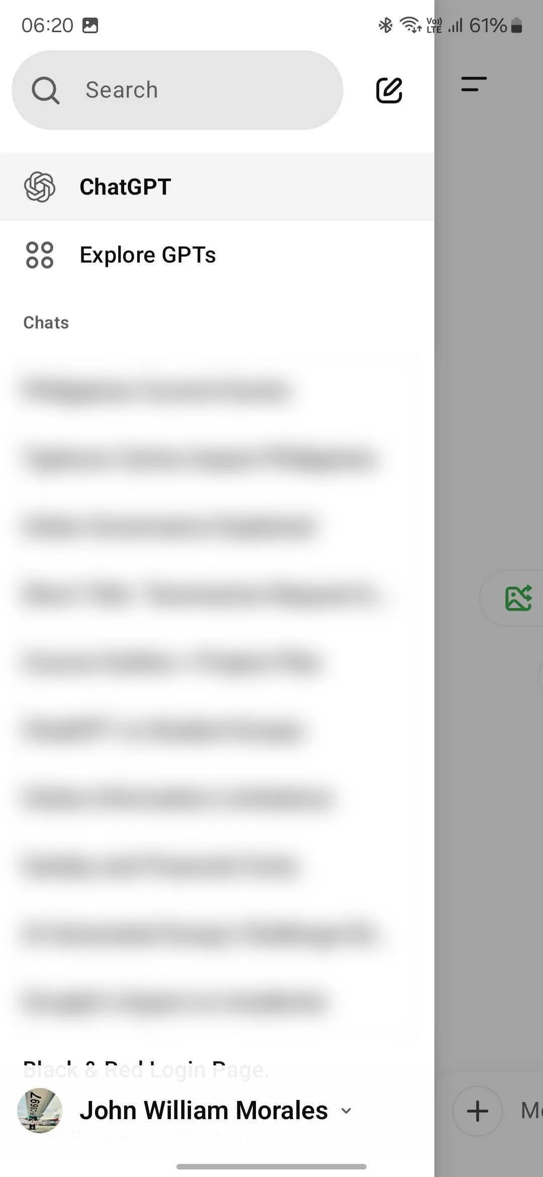Menu chính của ứng dụng ChatGPT trên Android