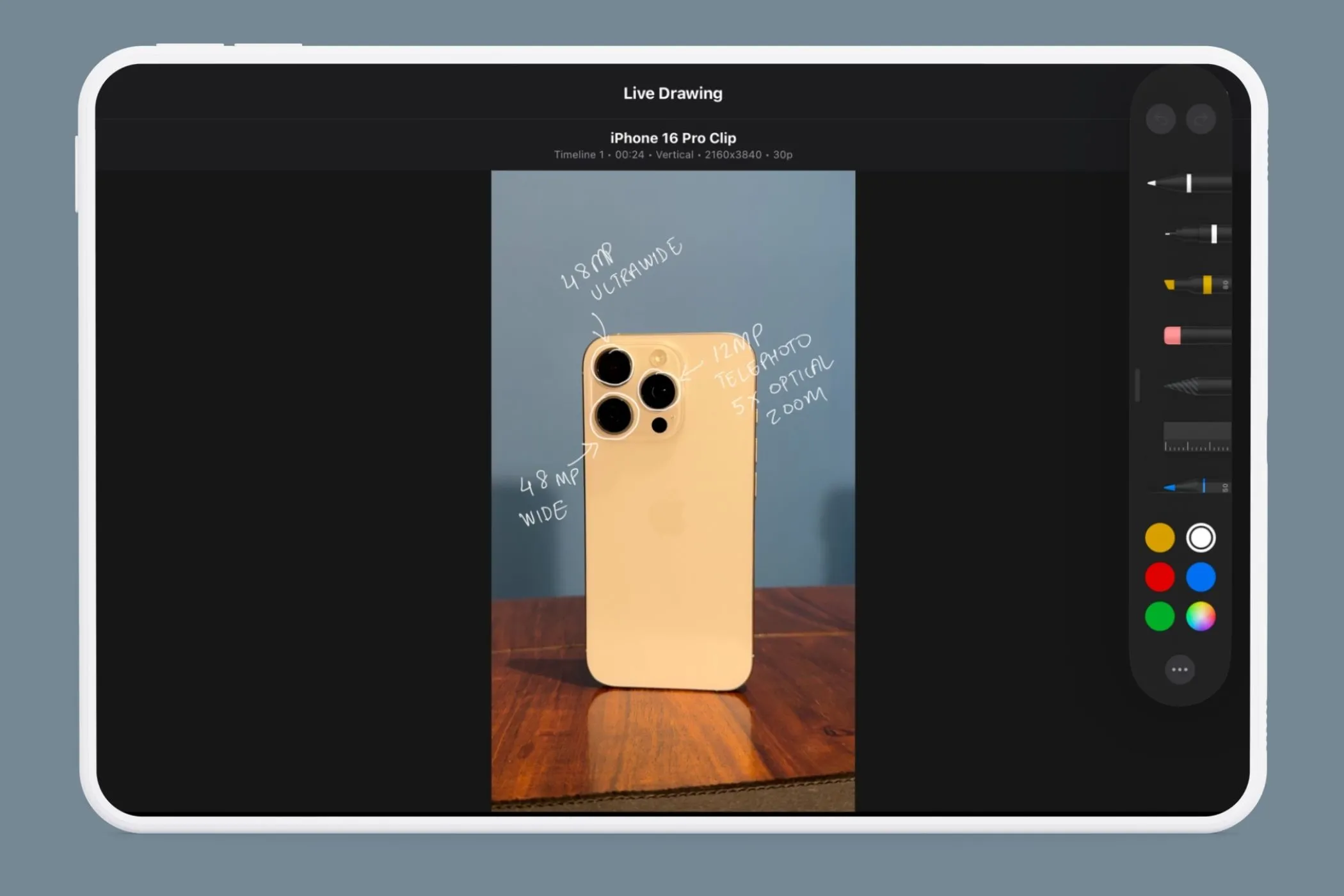 Menu công cụ vẽ Live Drawing trong Final Cut Pro trên iPad với nhiều lựa chọn bút