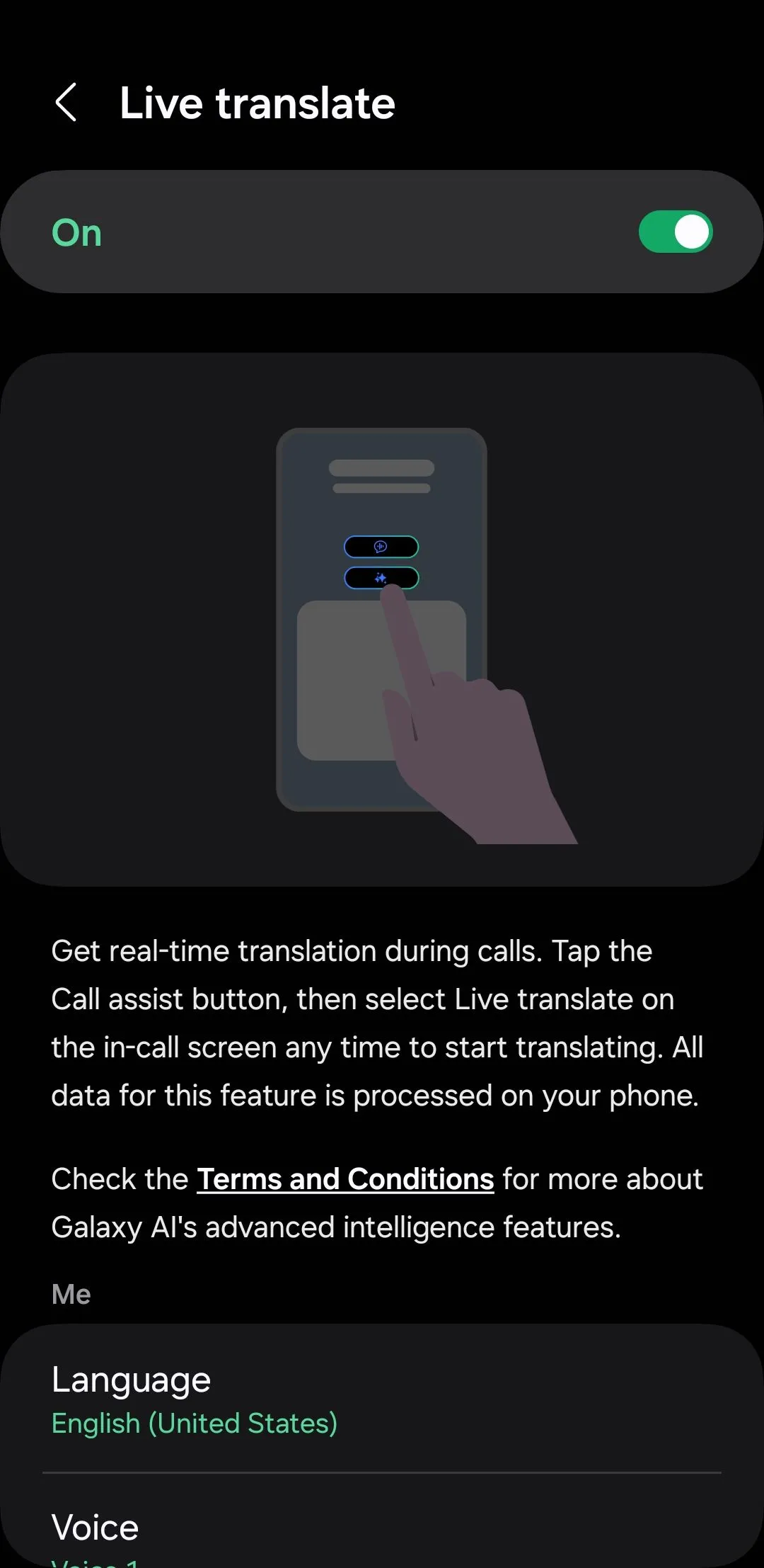 Menu dịch trực tiếp Live Translate trong ứng dụng Điện thoại Samsung, hiển thị tính năng dịch thuật thời gian thực cuộc gọi.