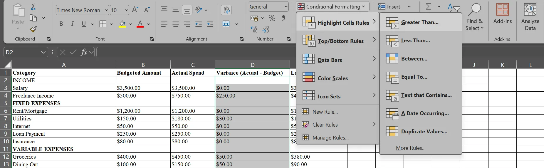 Menu Định dạng có điều kiện hiển thị trên bảng tính ngân sách trong Microsoft Excel, minh họa cách thiết lập quy tắc