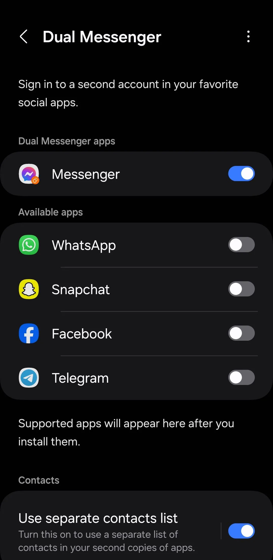 Menu Dual Messenger trên điện thoại Samsung hiển thị danh sách các ứng dụng nhắn tin có thể nhân bản để quản lý hai tài khoản riêng biệt