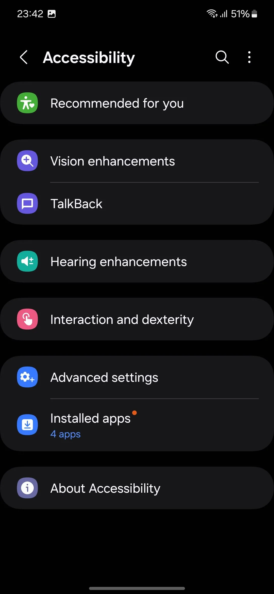 Menu hỗ trợ tiếp cận trong cài đặt Samsung Galaxy