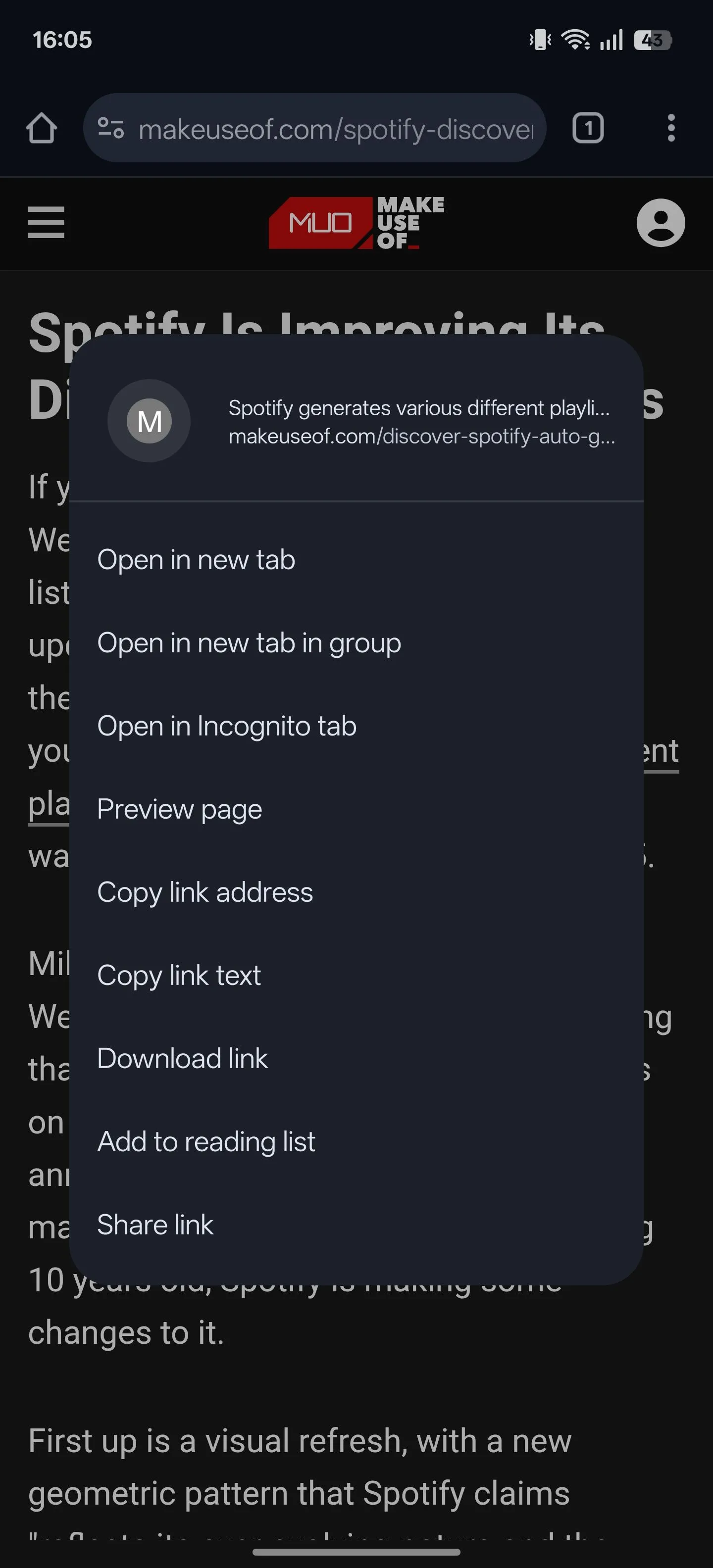 Menu ngữ cảnh hiển thị khi nhấn giữ một liên kết trên Chrome Android, bao gồm tùy chọn &quot;Preview page&quot; (Xem trước trang).