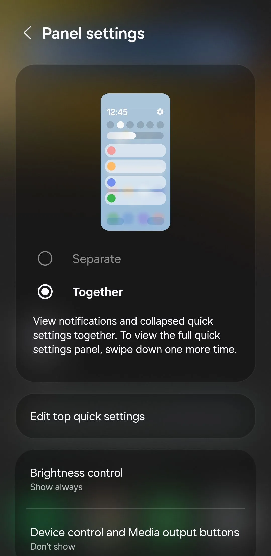 Menu Panel settings trong bảng cài đặt nhanh trên Samsung Galaxy, chọn tùy chọn &quot;Together&quot;