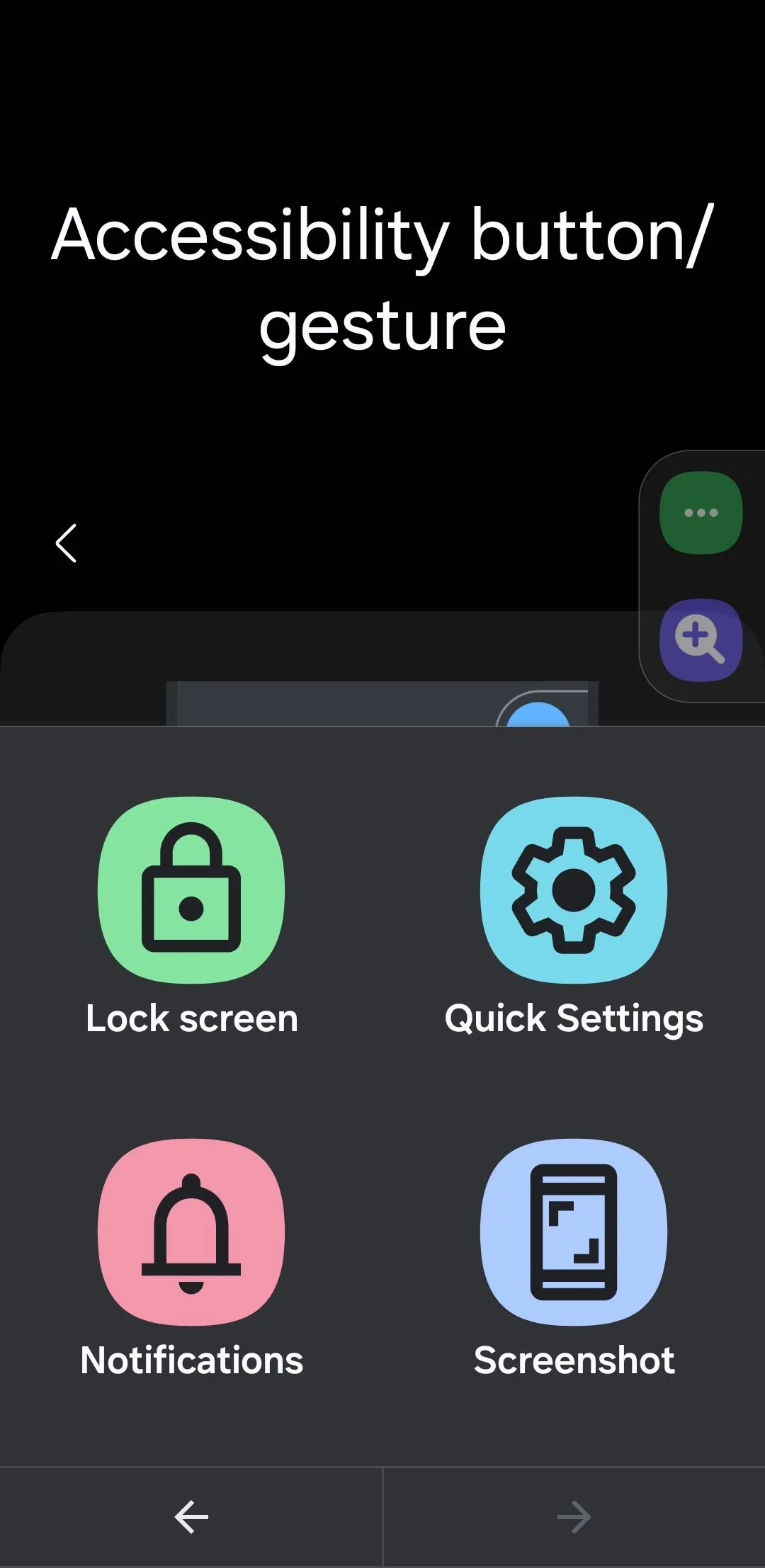 Menu phím tắt trợ năng hiển thị trên màn hình Android, cung cấp quyền truy cập nhanh các chức năng như điều khiển âm lượng và độ sáng.