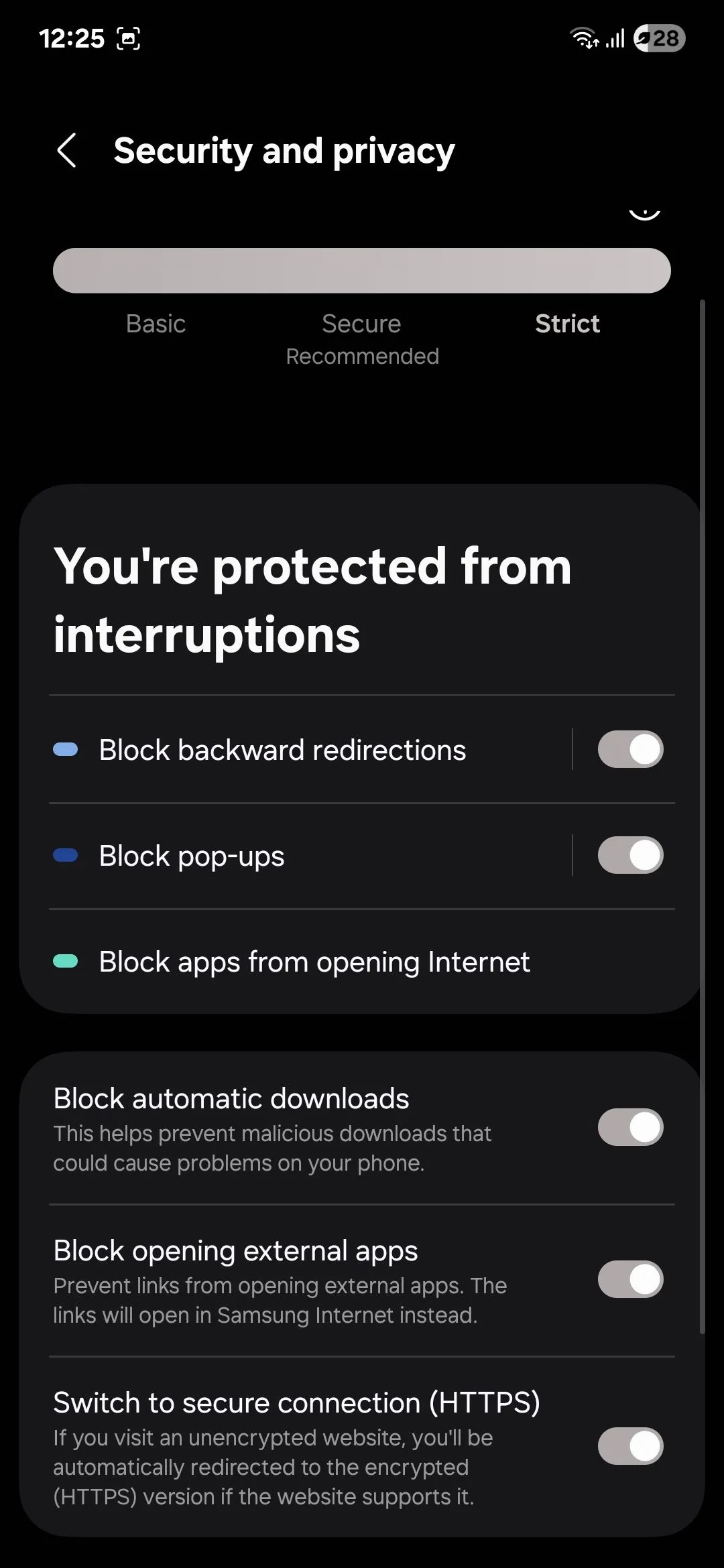 Menu quyền riêng tư của Samsung Internet, bao gồm Chế độ Bí mật