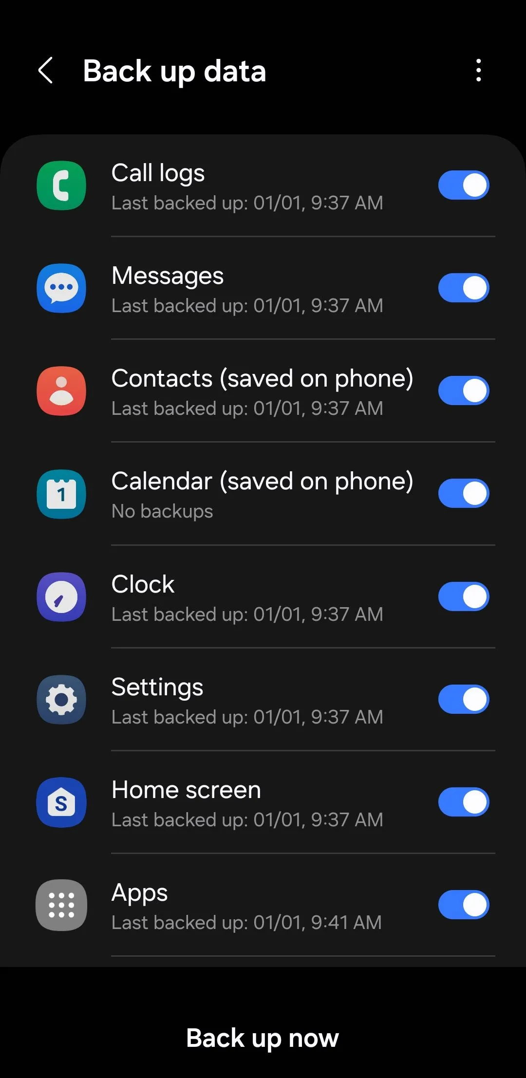 Menu sao lưu dữ liệu trên điện thoại Android