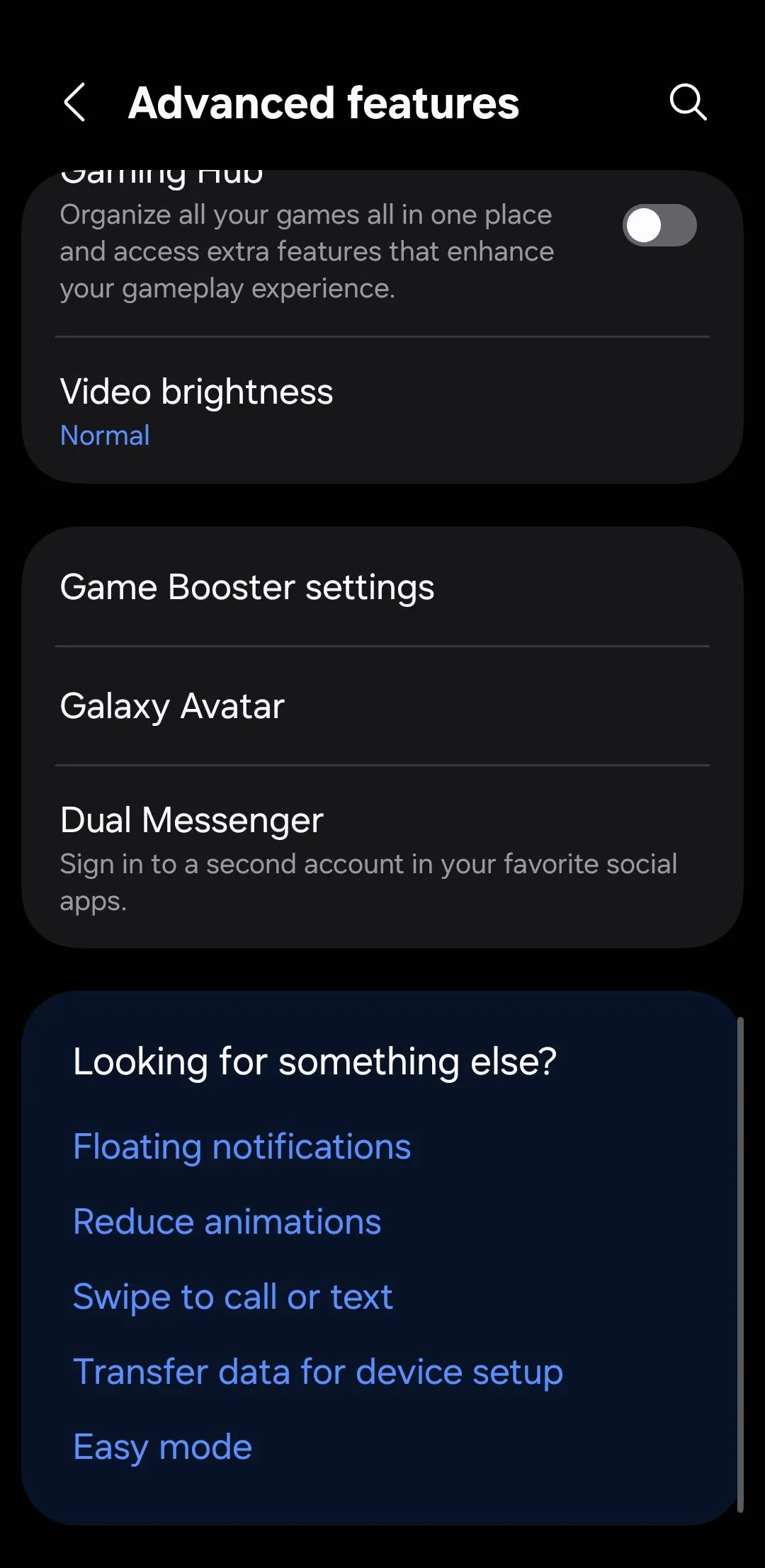 Menu Tính năng nâng cao trên điện thoại Samsung Galaxy, truy cập Game Booster Settings