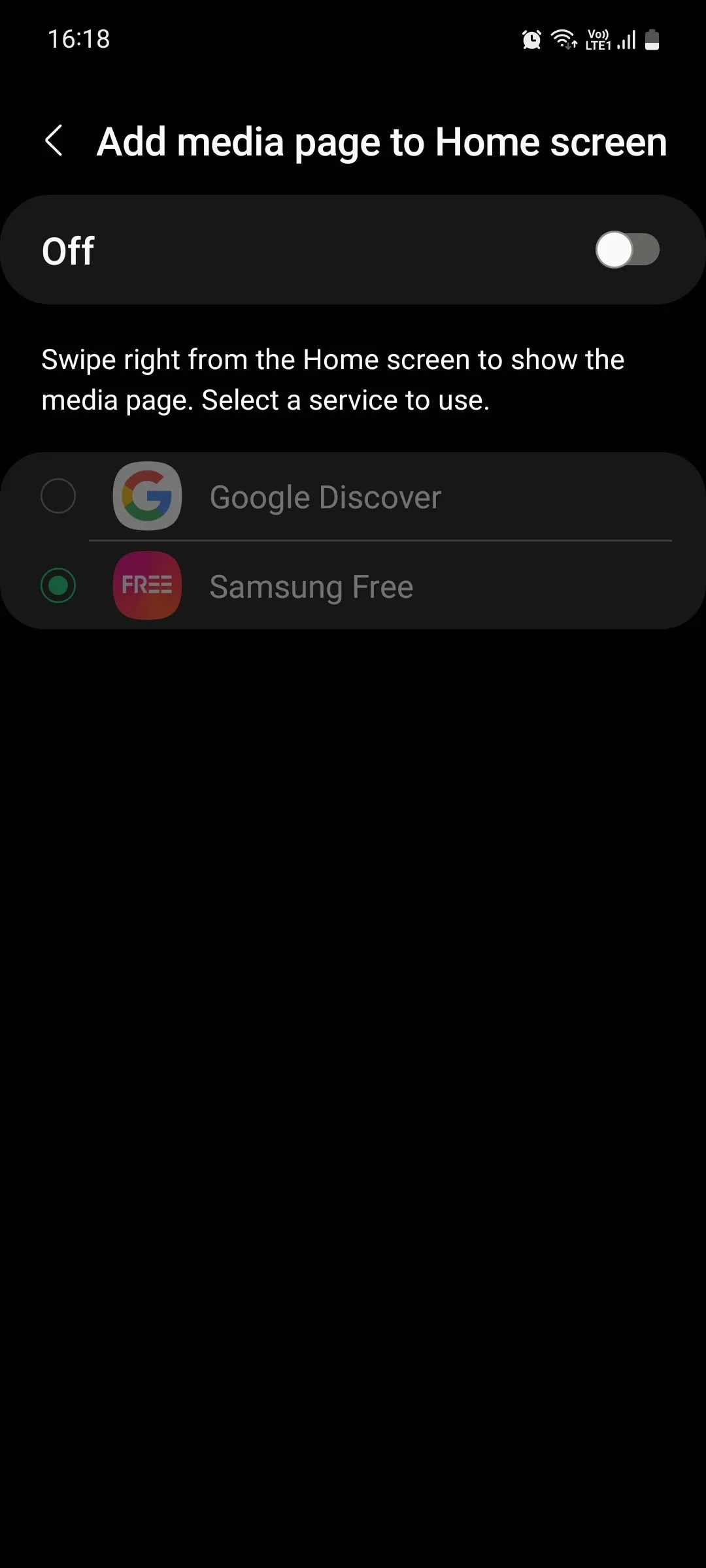 Menu &quot;Trang phương tiện&quot; trong cài đặt màn hình chính của Samsung, cho phép người dùng bật hoặc tắt Samsung Free hoặc thay thế bằng Google Discover để quản lý nội dung hiển thị.