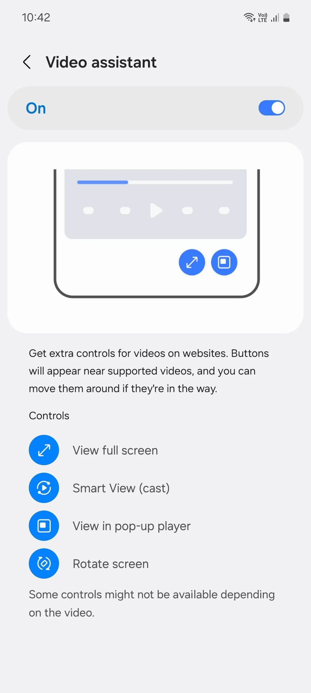 Menu trợ lý video (Video Assistant) của Samsung Internet hiển thị các tùy chọn phát lại khi xem video trên nền tảng web.