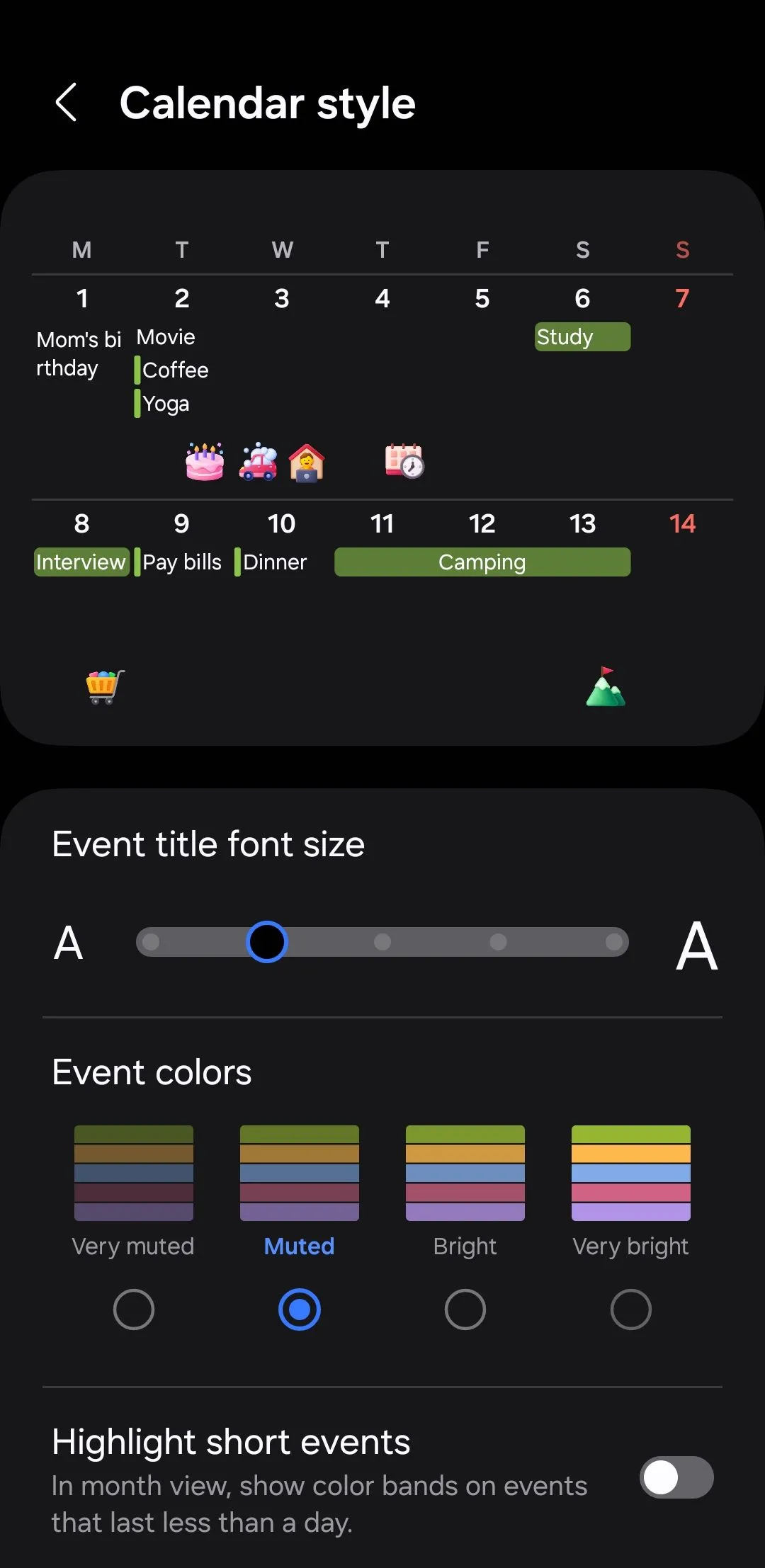 Menu tùy chỉnh kiểu lịch trong ứng dụng Lịch Samsung, cho phép cá nhân hóa hiển thị sự kiện với các tùy chọn phông chữ và màu sắc.
