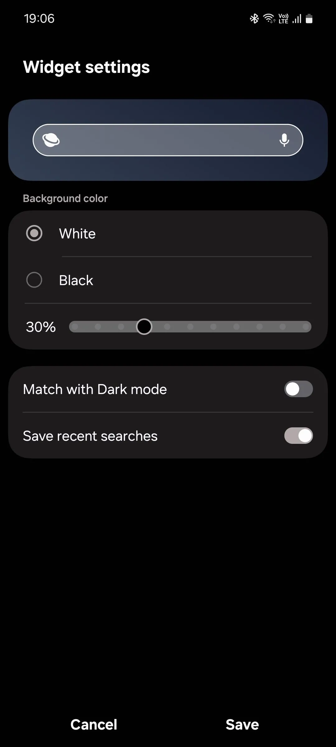 Menu tùy chỉnh widget tìm kiếm của Samsung Internet