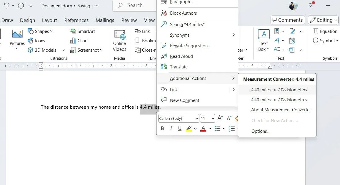 Microsoft Word hiển thị tính năng chuyển đổi khoảng cách từ dặm sang kilômét ngay trong tài liệu