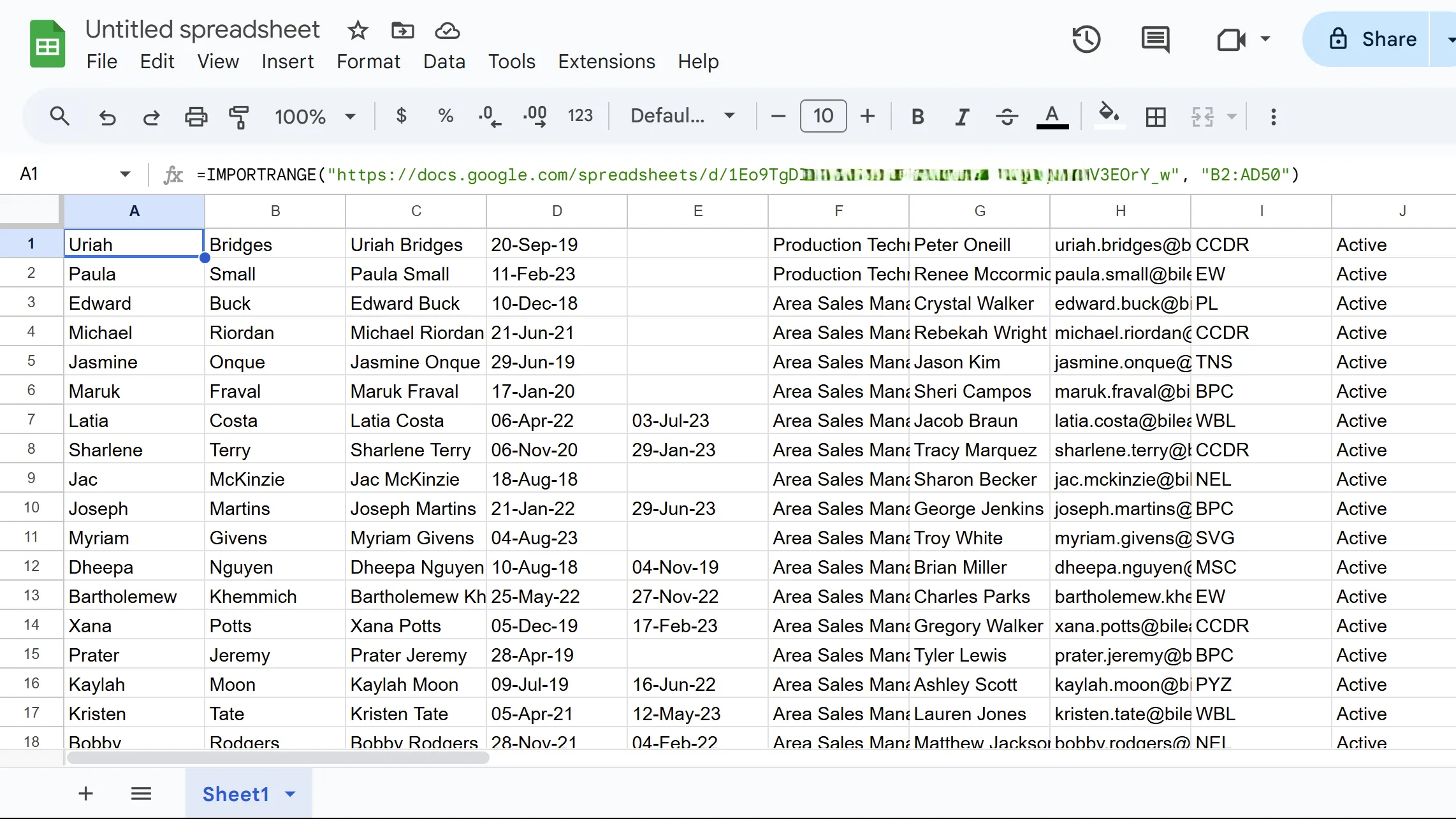 Minh họa kết quả của hàm IMPORTRANGE khi nhập dữ liệu từ trang tính Google Sheets khác