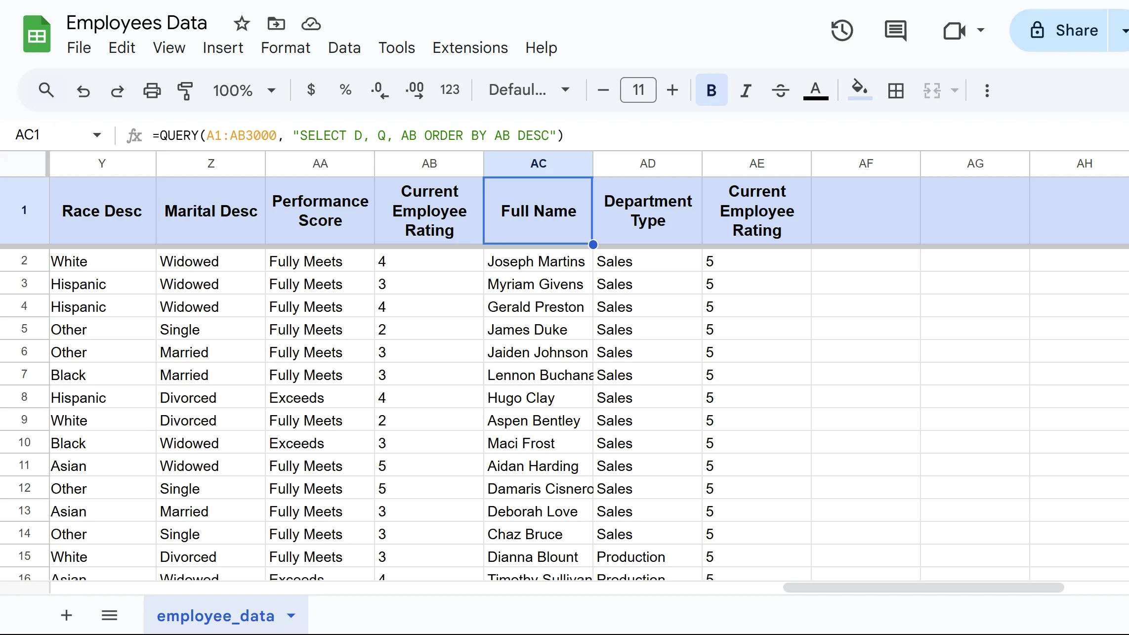 Minh họa kết quả của hàm QUERY trong Google Sheets khi truy vấn dữ liệu theo các điều kiện cụ thể
