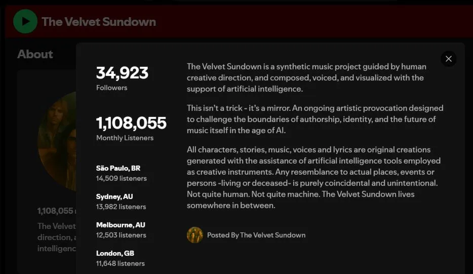 Mô tả của The Velvet Sundown trên Spotify đã được cập nhật để công khai việc sử dụng trí tuệ nhân tạo trong quá trình sản xuất âm nhạc